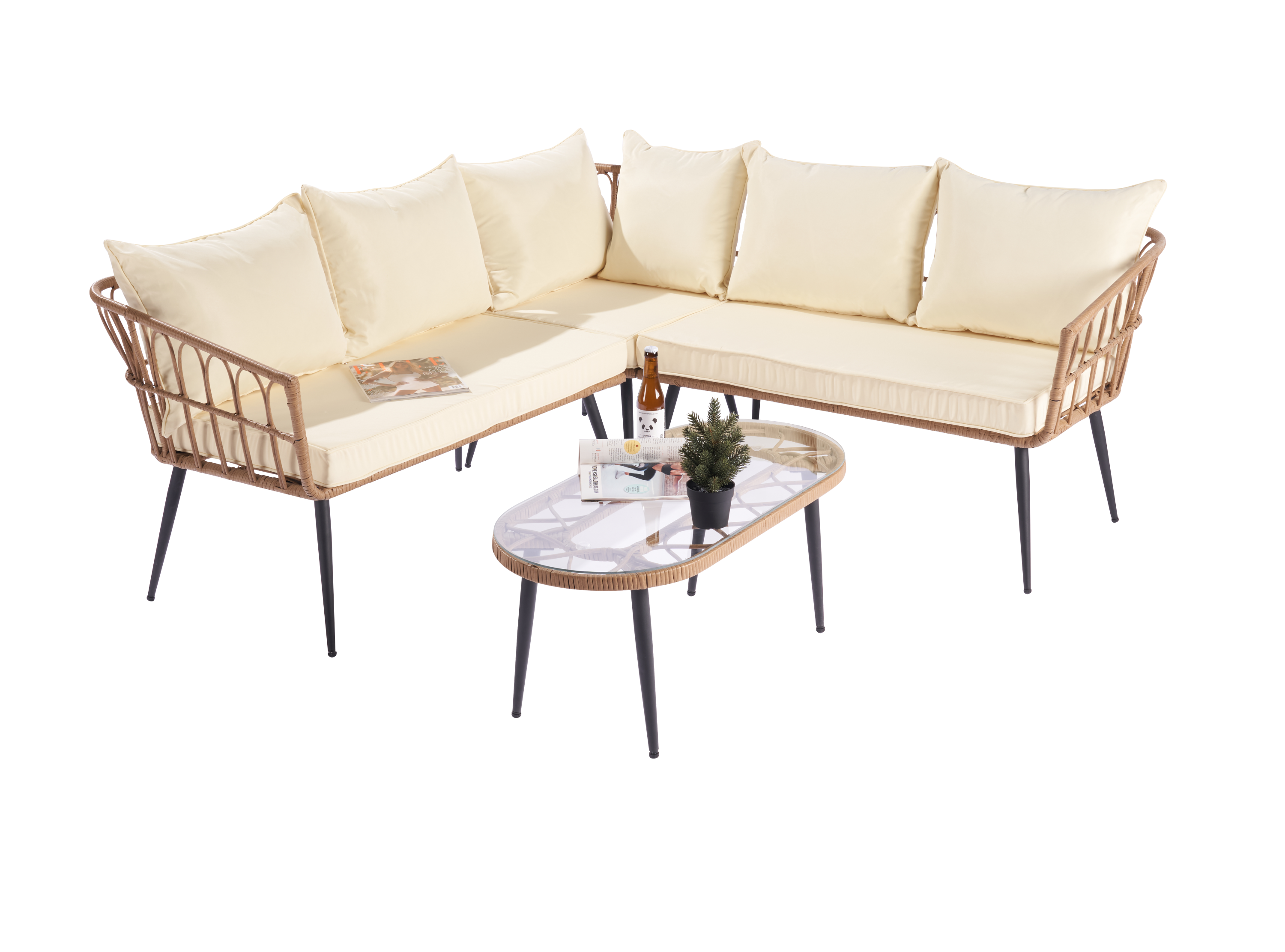 Outdoor Garden Rattan Furniture Sofa Set natural rattan color with beige cushion