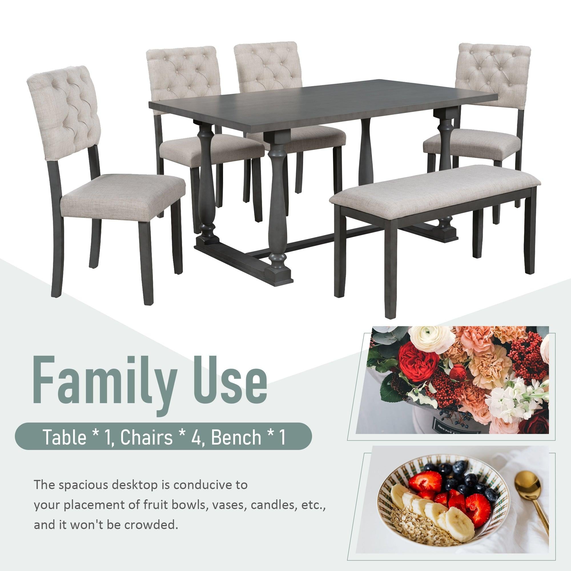 6-Piece Dining Table and Chair Set with Special-shaped Legs and Foam-covered Seat Backs&Cushions for Dining Room (Gary)