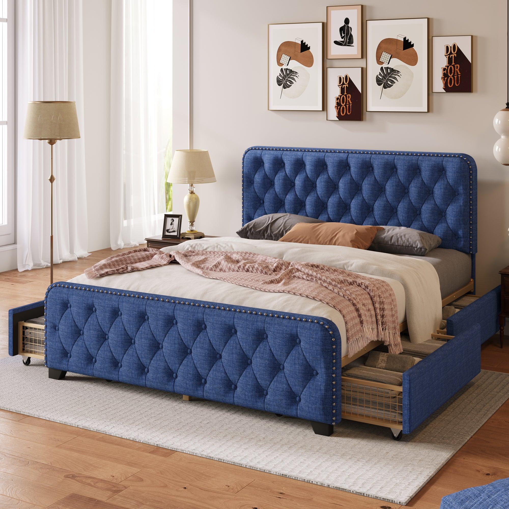 Upholstered Platform Bed Frame with Four Drawers, Button Tufted Headboard and Footboard Sturdy Metal Support, No Box Spring Required, Blue, Full image