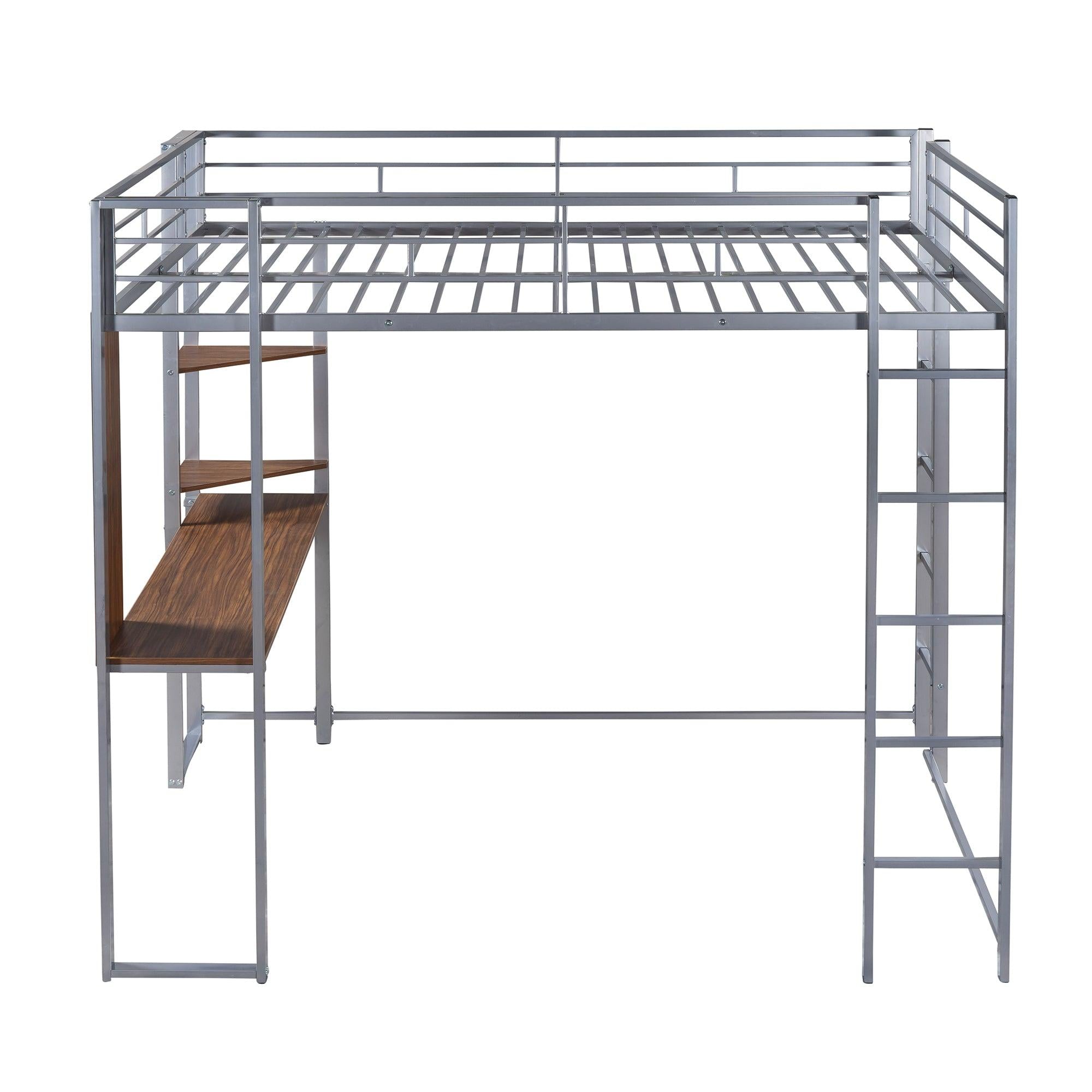 Full Size Metal Loft Bed with 2 Shelves and one Desk ,Silver