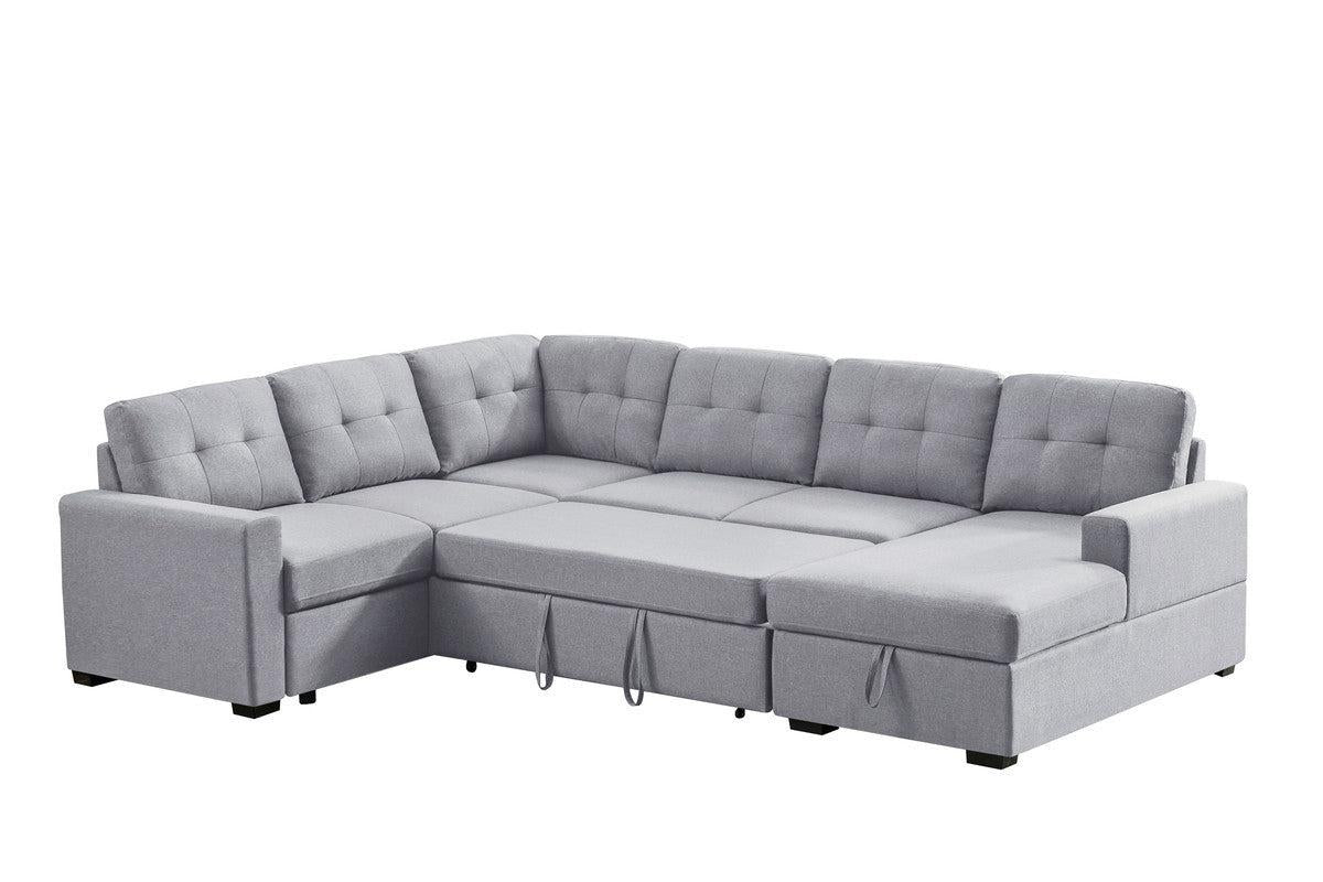 Selene Light Gray Linen Fabric Sleeper Sectional Sofa withStorage Chaise