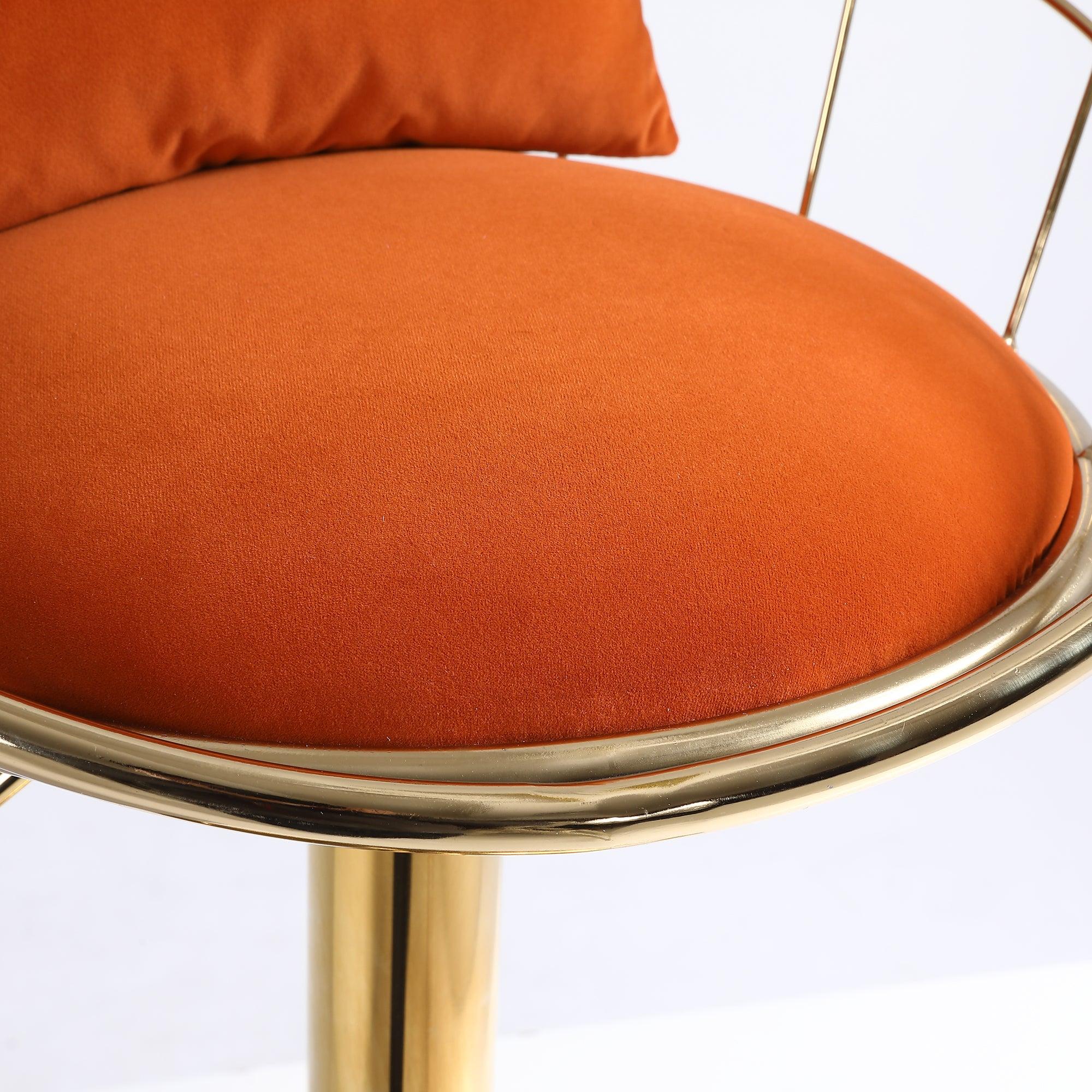 Orange velvet bar chair, pure gold plated, unique design，360 degree rotation, adjustable height，Suitable for dinning room and bar，set of 2