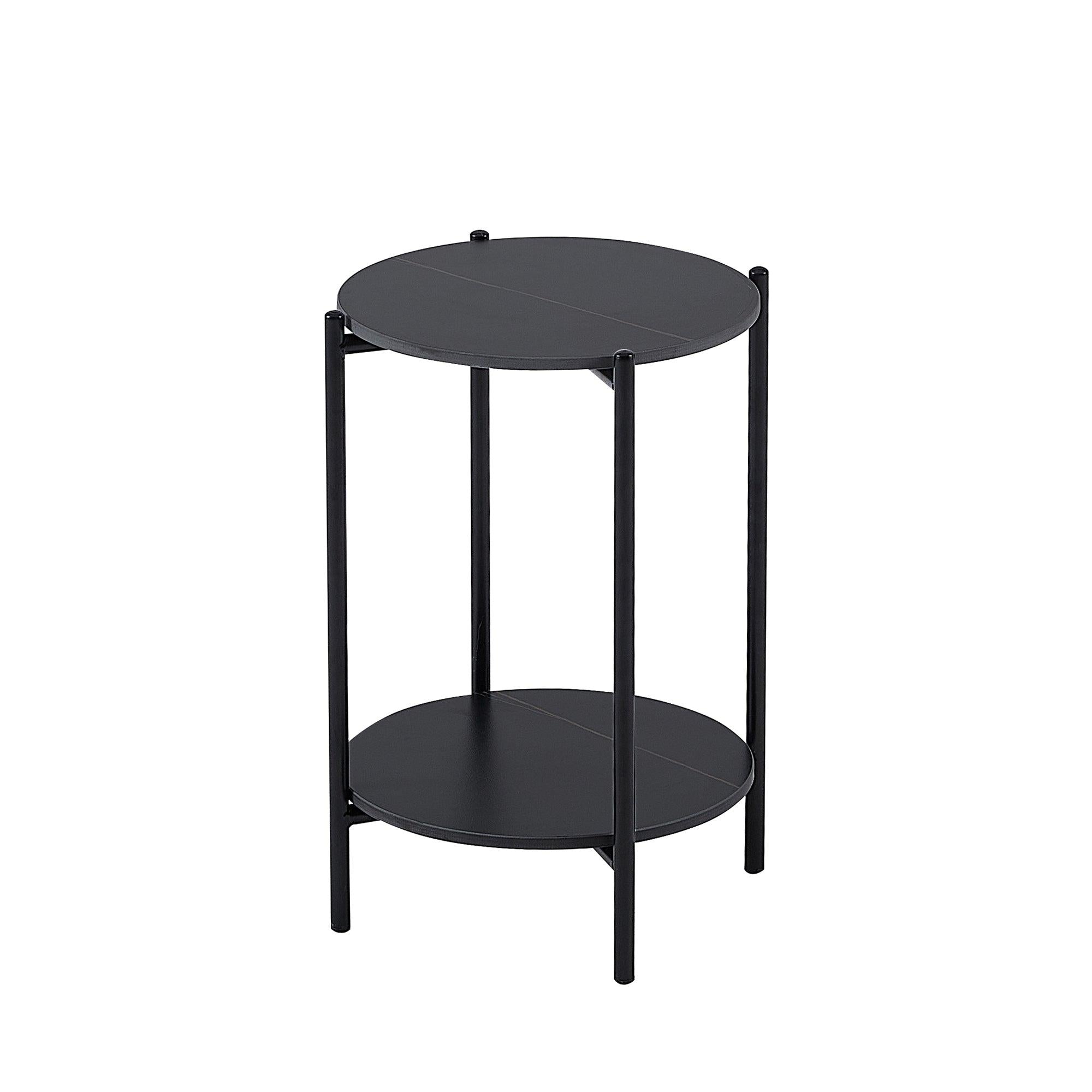 2-layer End Table with Whole  Marble Tabletop, Round Coffee Table with Black Metal Frame for Bedroom Living Room Office (black,1 piece)