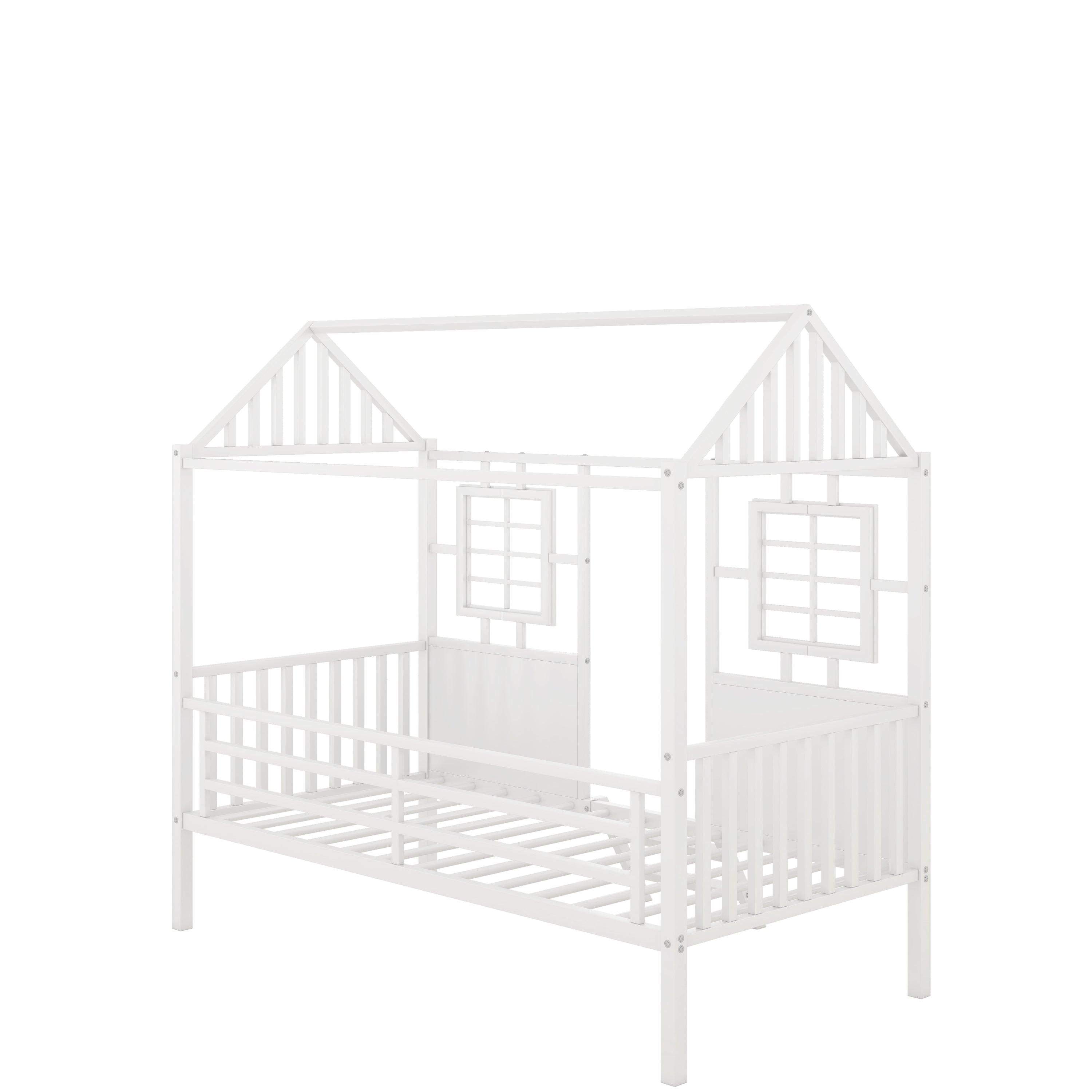 Twin Size Metal Low Loft House Bed with Roof and Two Front Windows , White