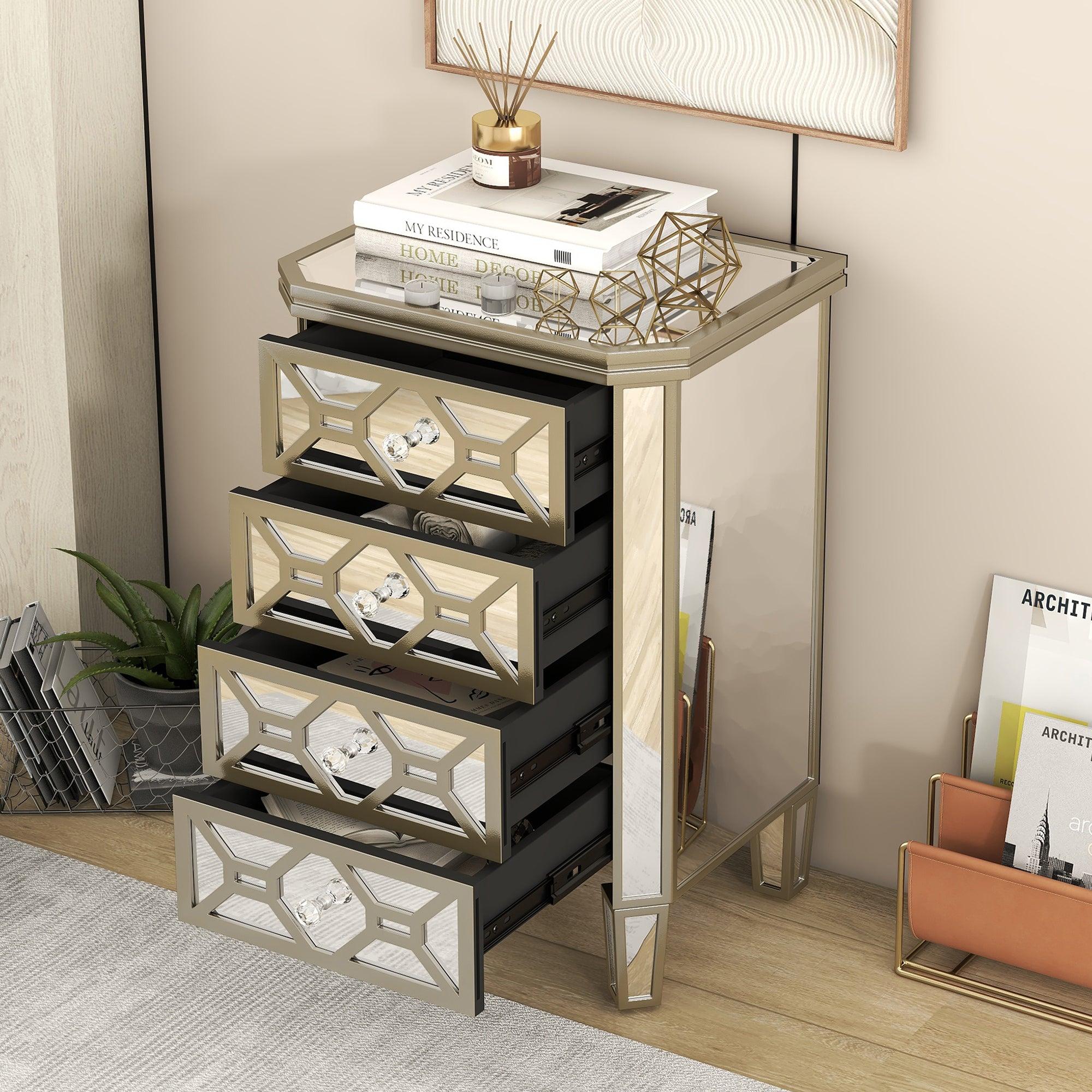 Elegant Mirrored 4-Drawer Chest with Golden LinesStorage Cabinet for Living Room, Hallway, Entryway