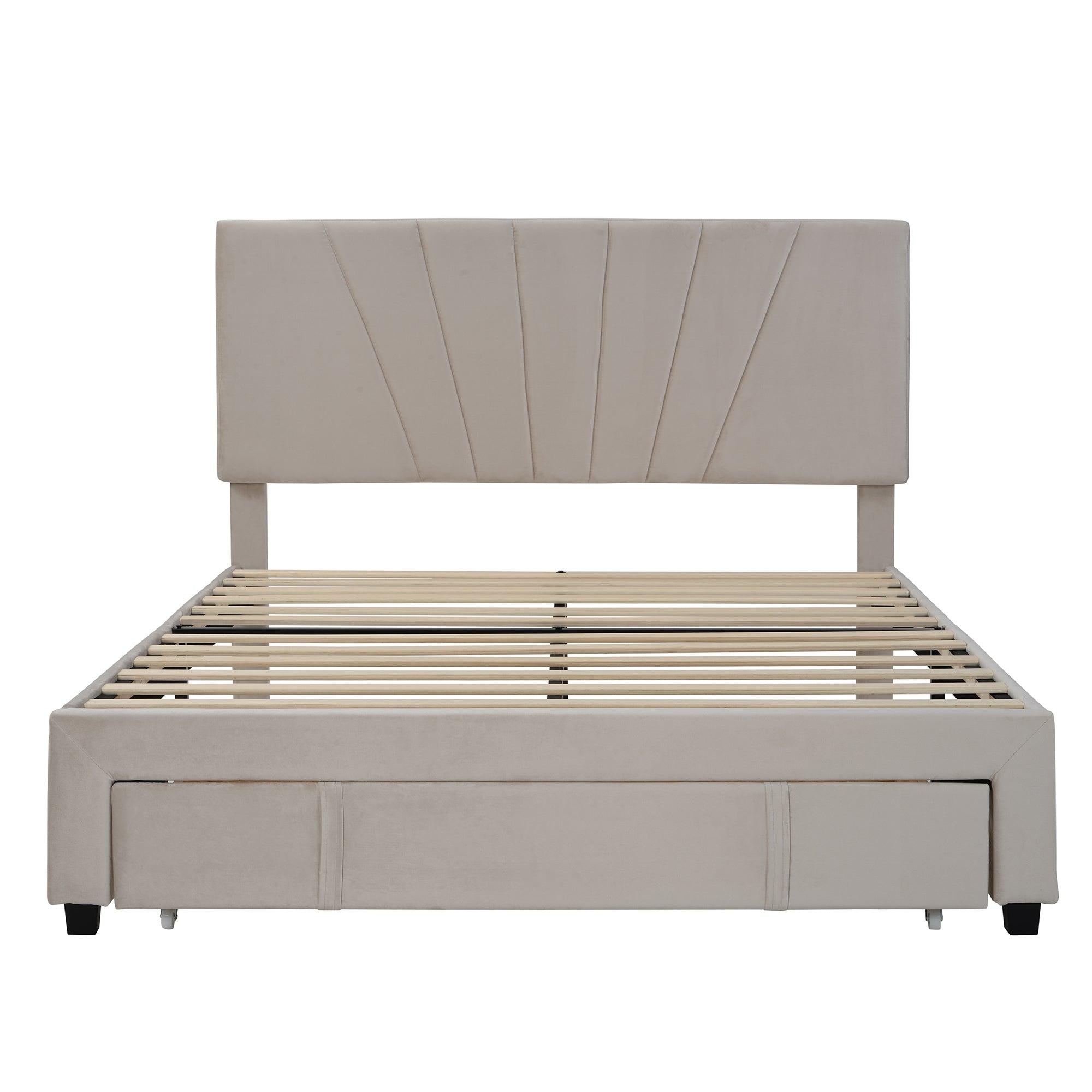 Queen SizeStorage Bed Velvet Upholstered Platform Bed with a Big Drawer - Beige