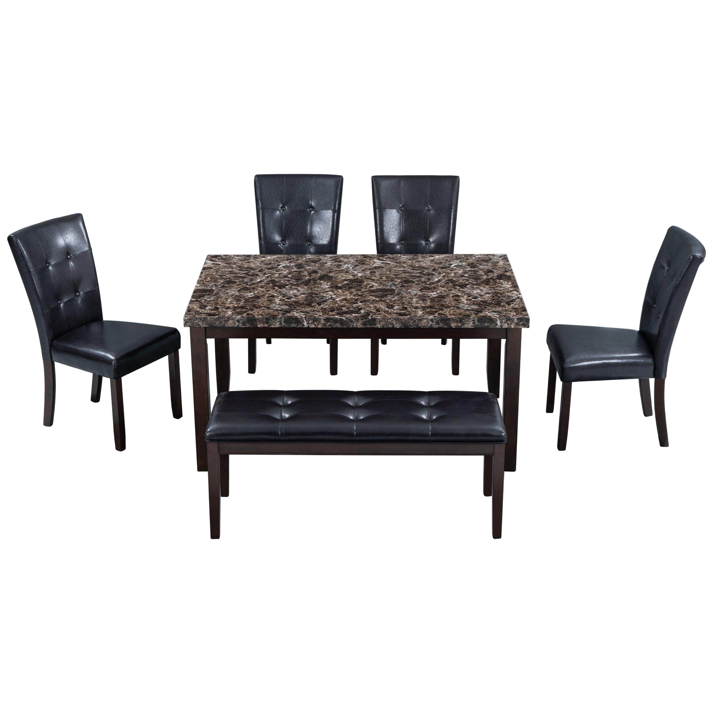 6-piece Faux Marble Dining Table Set  with one Faux Marble Dining Table ,4 Chairs and 1 Bench, Table: 66”x38”x 30”,Chair: 20.2”x28.5”x39”, Black