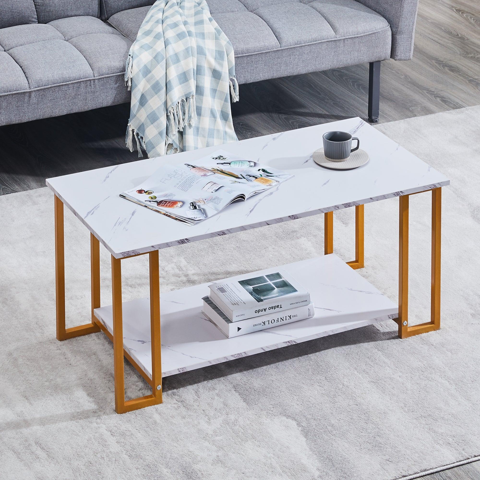 Coffee Table, 2 Layers 1.5cm Thick Marble MDF Rectangle 39.37" L Tabletop Iron Coffee Table , Dining Room, Coffee Shop, Resterant, White Top, ld Leg