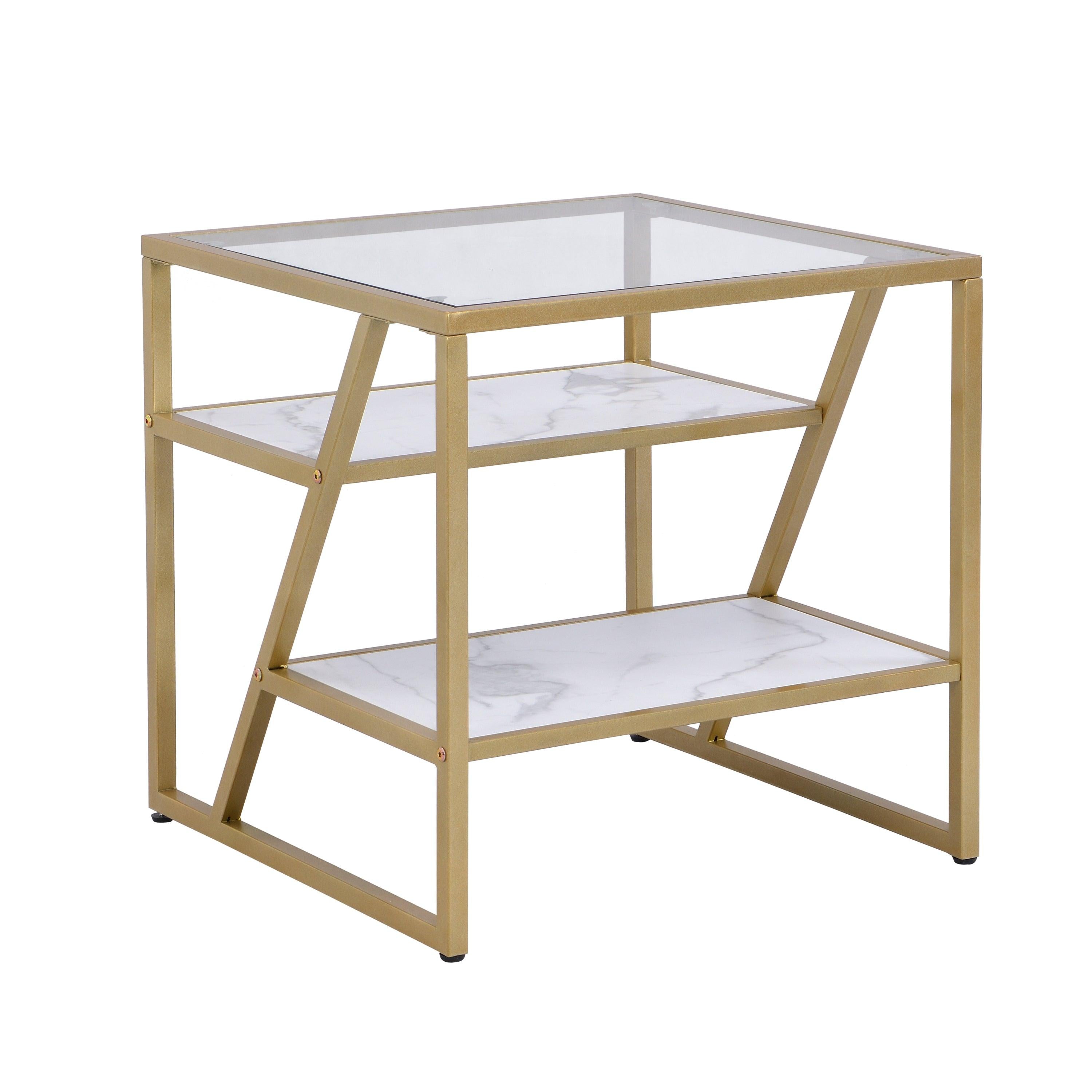 lden Side Table, End Table withStorage Shelf, Tempered Glass Coffee Table with Metal Frame for Living Room&Bed Room,