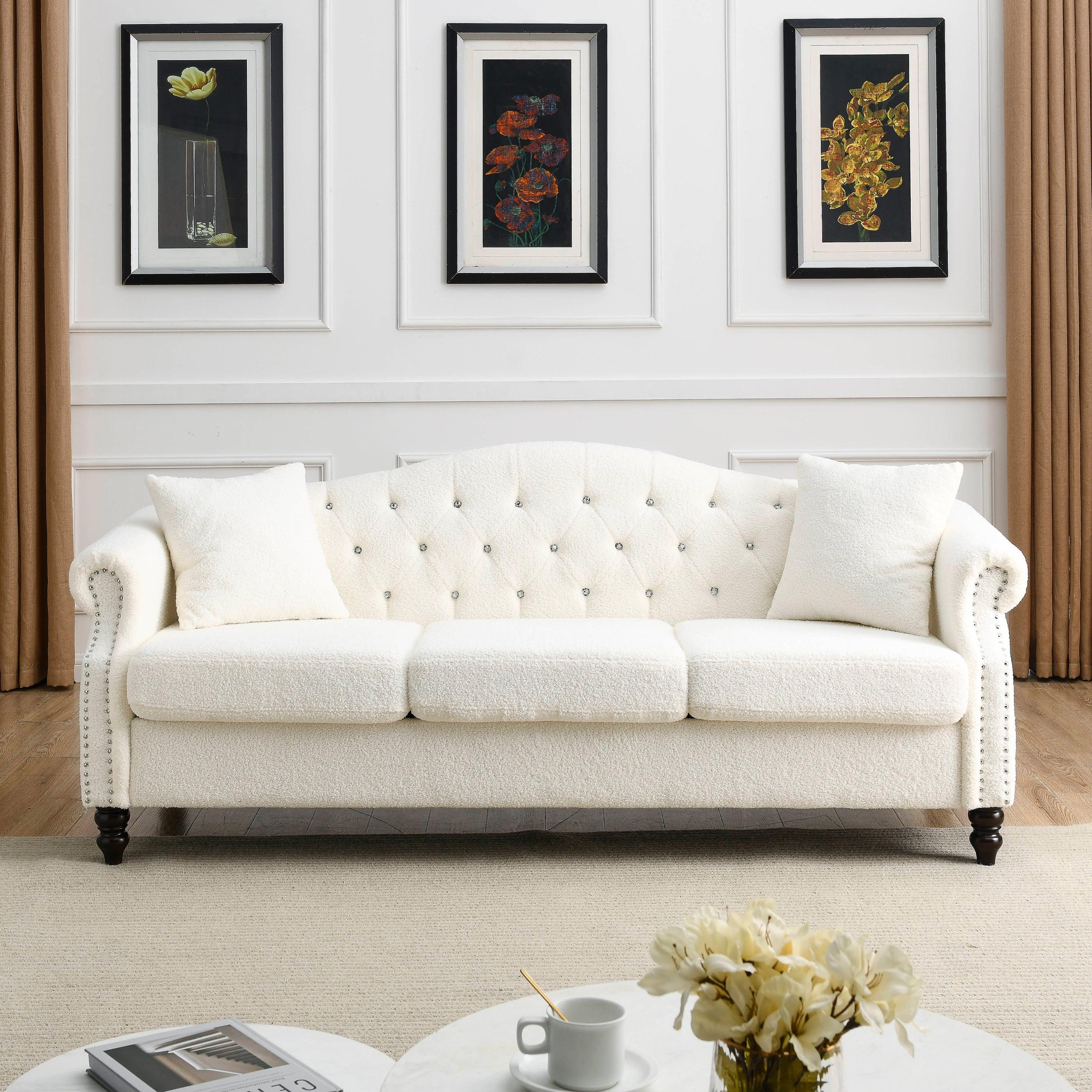 79" Chesterfield Sofa Teddy white for Living Room, 3 Seater Sofa Tufted Couch with Rolled Arms and Nailhead for Living Room, Bedroom, Office, Apartment, two pillows