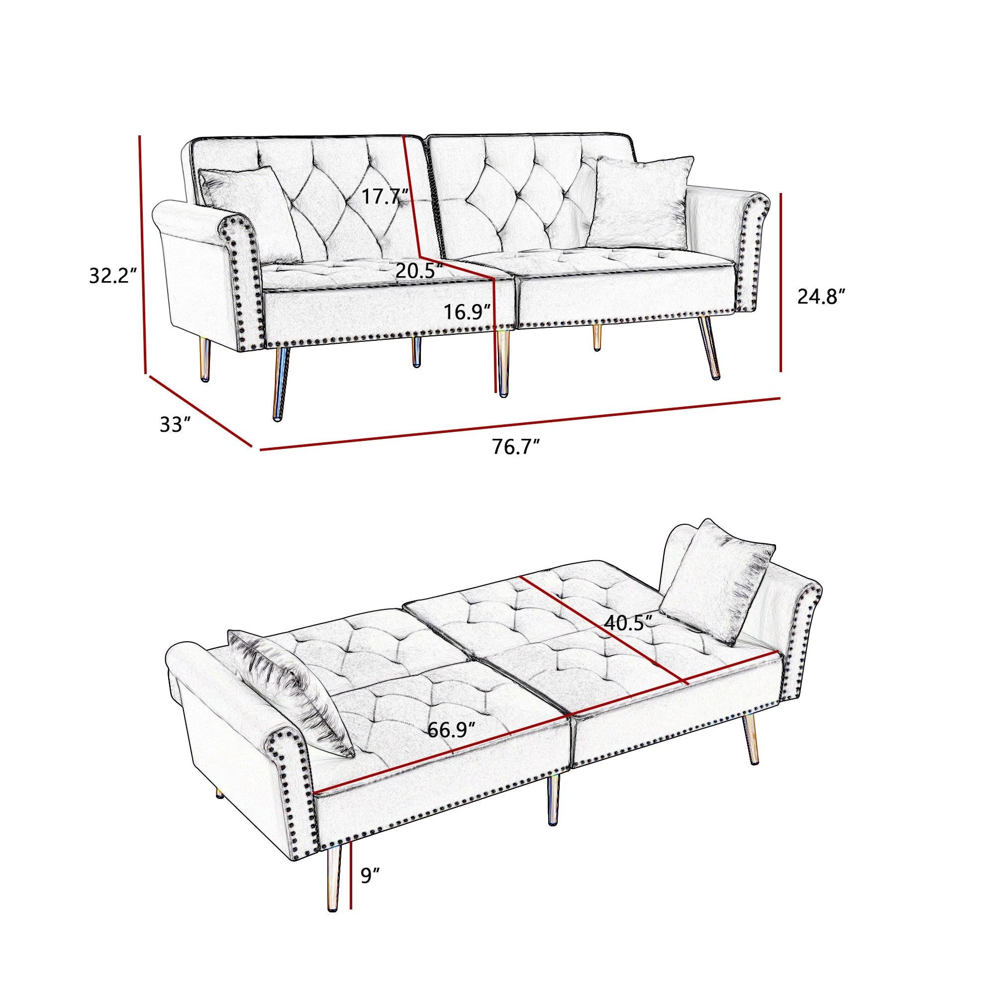 Modern Velvet Tufted Sofa Couch with 2 Pillows and Nailhead Trim, Loveseat Sofa Futon Sofa Bed with Metal Legs  for Living Room.