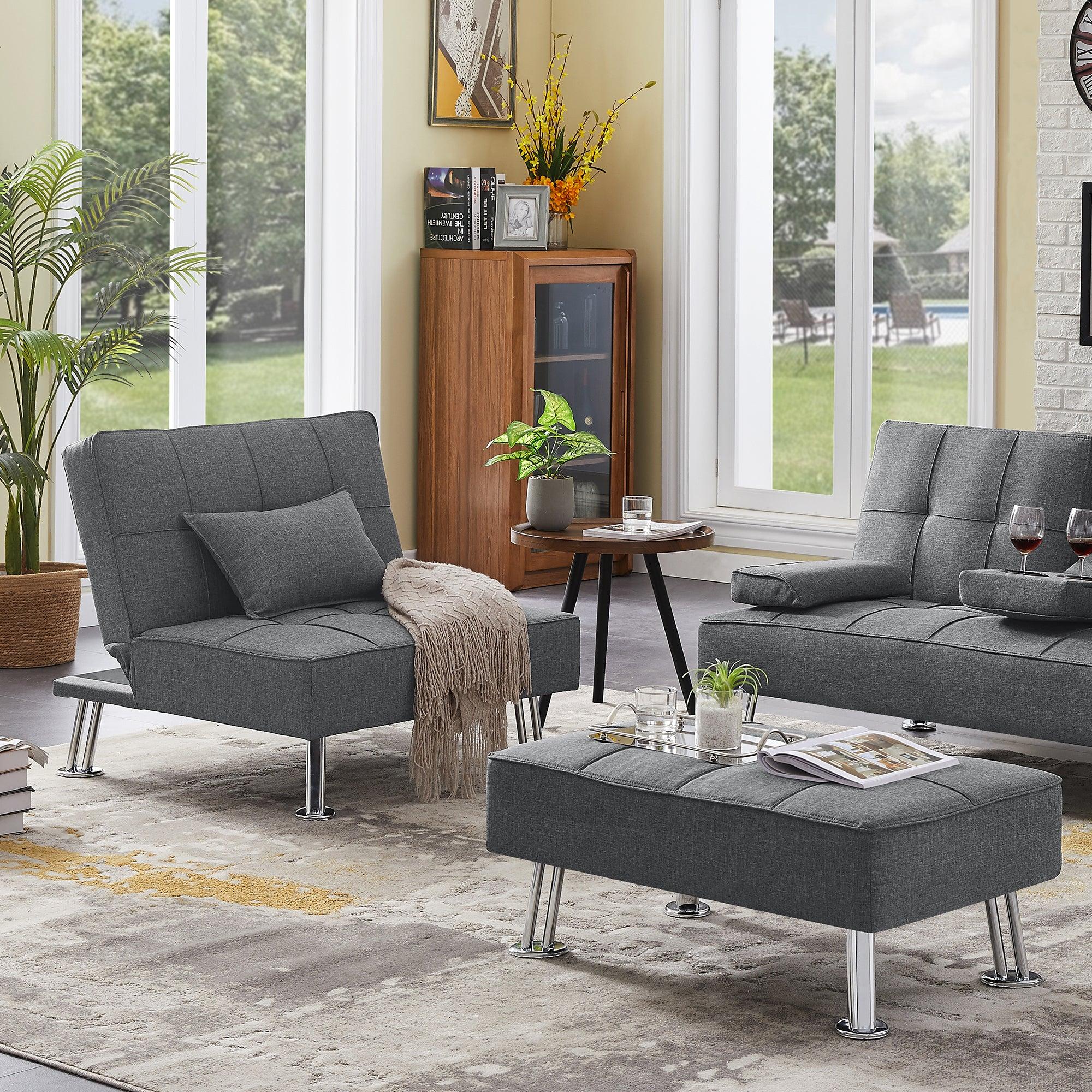 Modern Fabric Single Sofa Bed with Ottoman , Convertible Folding Futon Chair, Lounge Chair Set with Metal Legs .