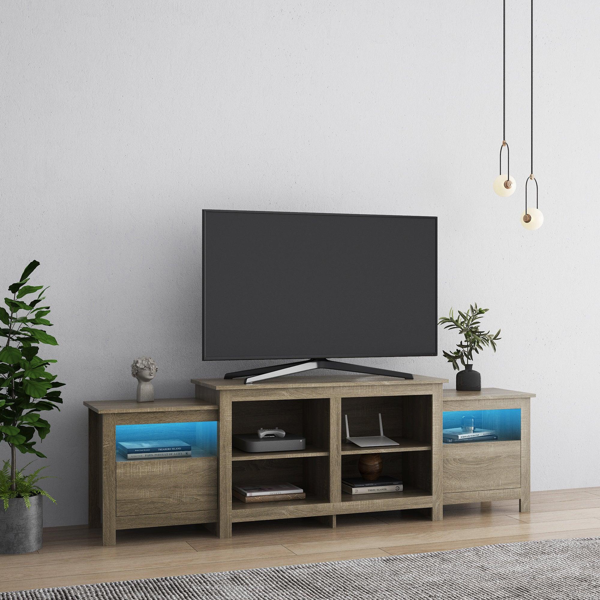 Modern  Wood grain color TV Stand for 75 inch TV , 16 Colors LED TV Stand w/Remote Control Lights