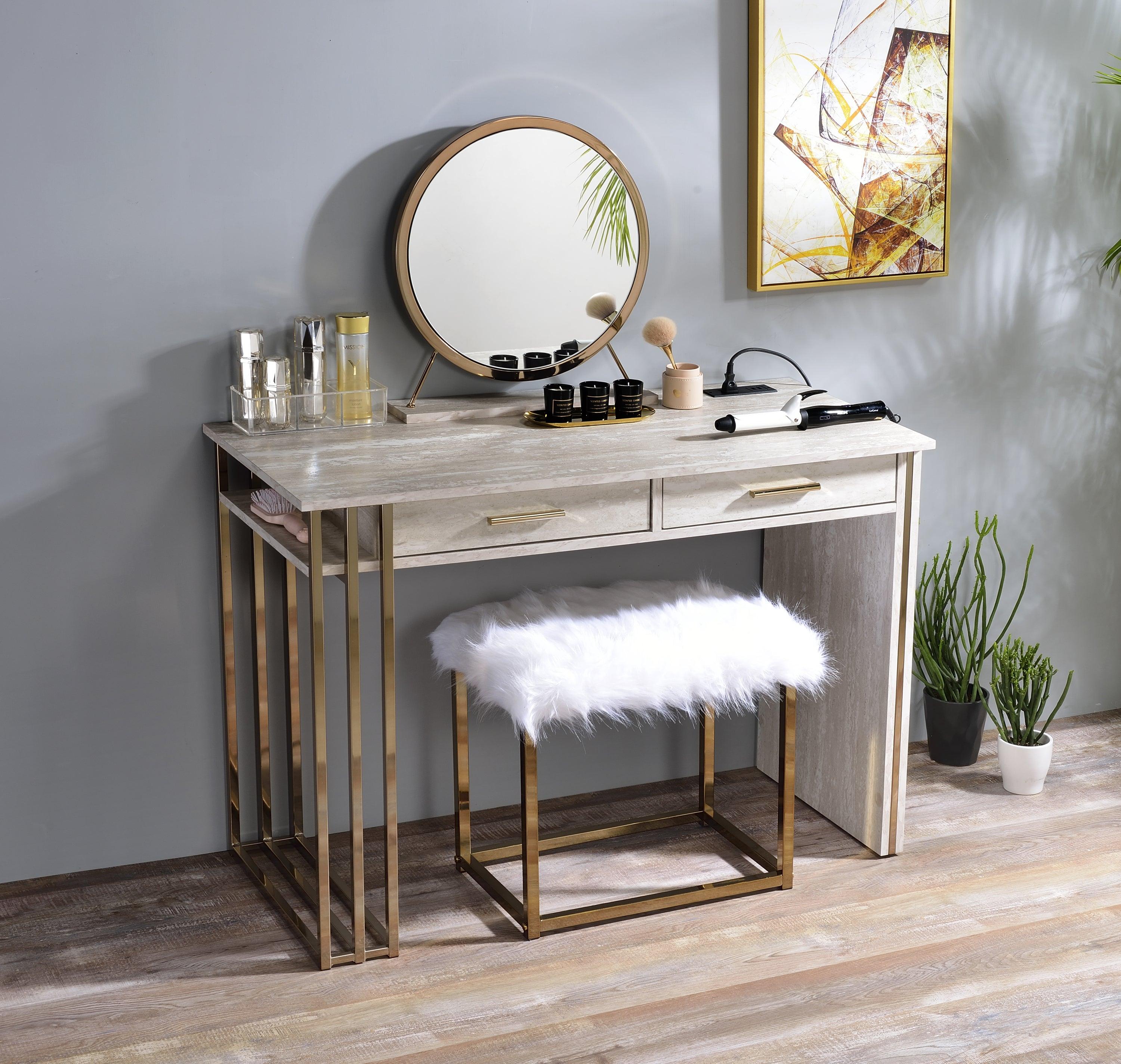 ACME Tyeid Vanity Desk w/USB in Antique White & Gold Finish AC00898