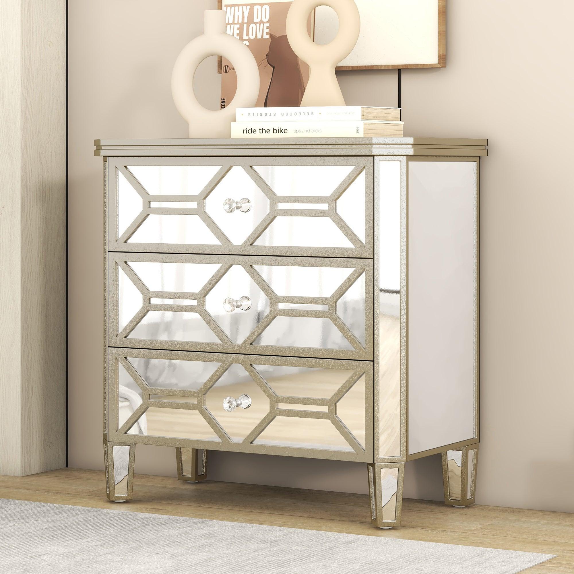 Elegant Mirrored 3-Drawer Chest with Golden LinesStorage Cabinet for Living Room, Hallway, Entryway