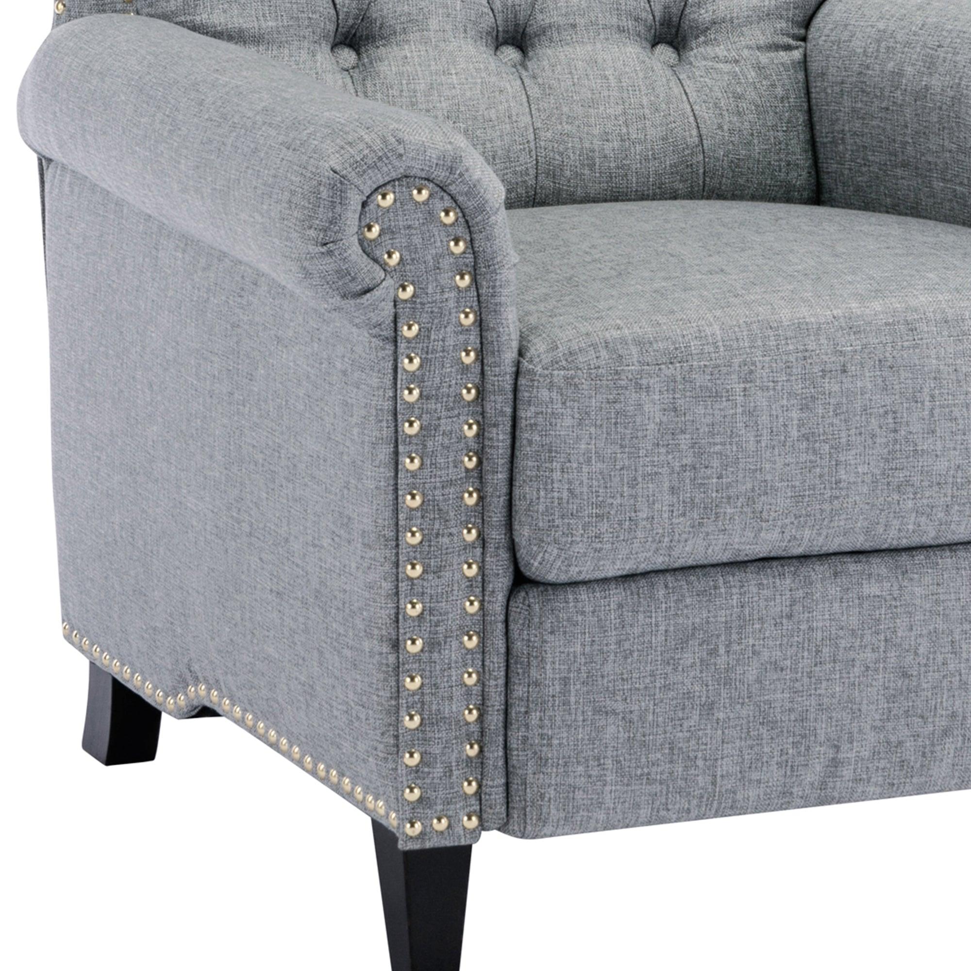 Pushback Linen Tufted Recliner Single Sofa with Nailheads Roll Arm for Living Room, Bedroom, Office, Gray