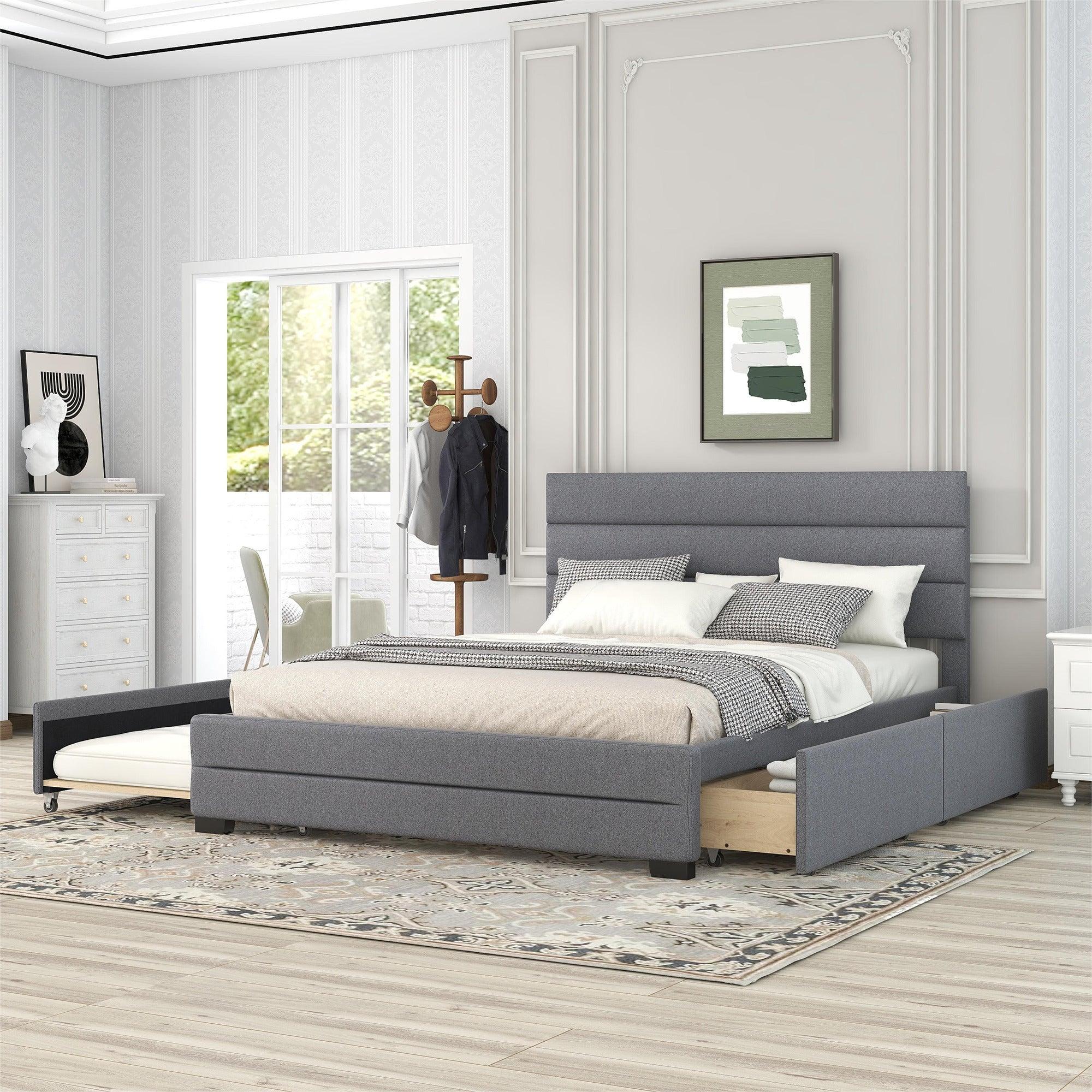 Queen Upholstered Platform Bed with Twin Size Trundle and Two Drawers,Grey