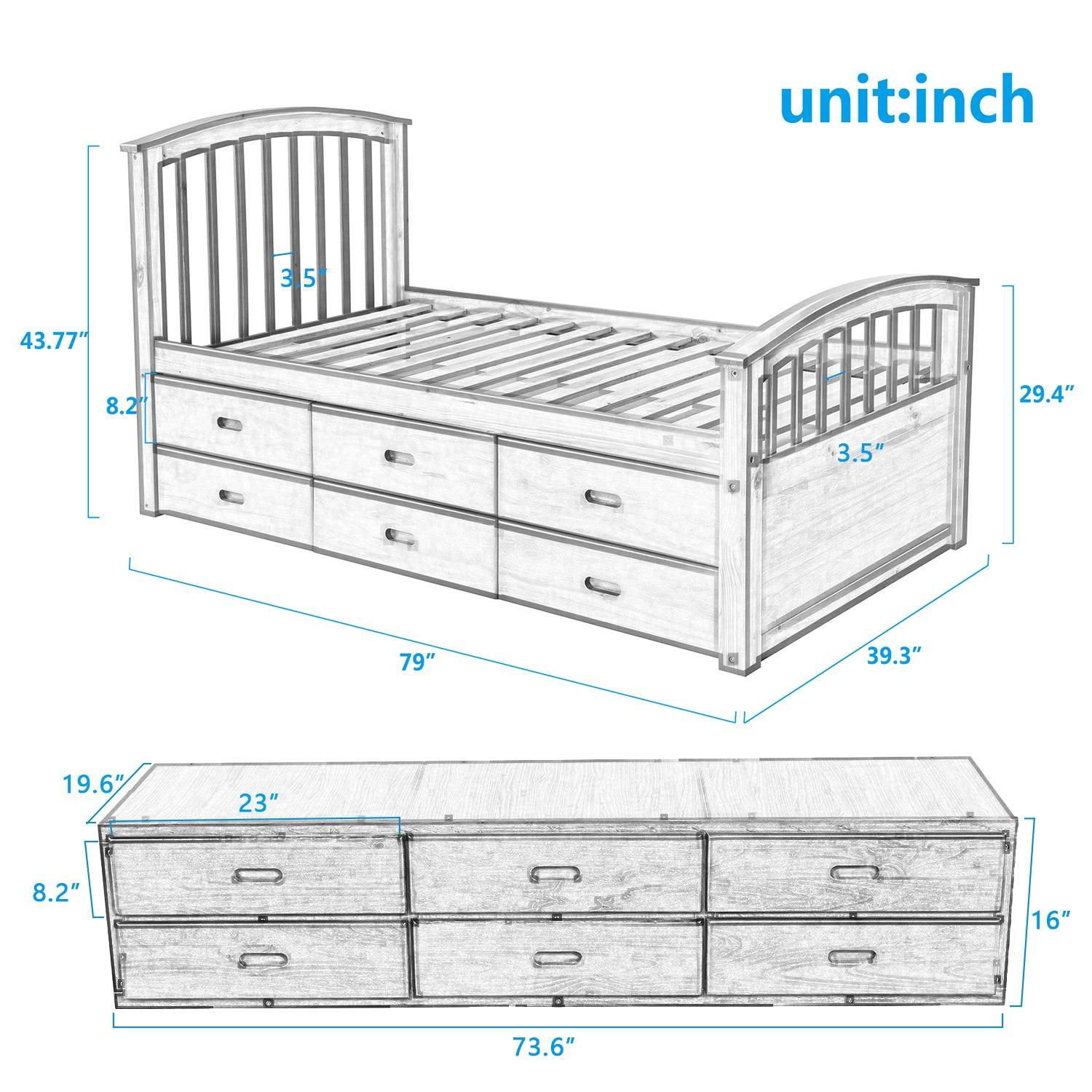 Twin Size PlatformStorage Bed Solid Wood Bed with 6 Drawers