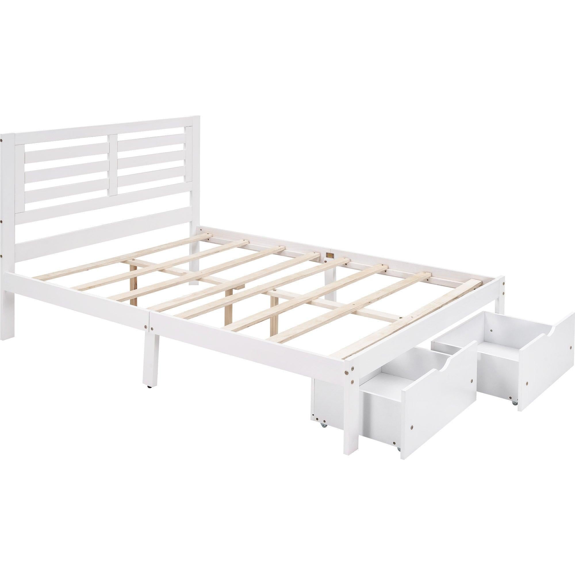 Full Size Platform Bed with Drawers, White