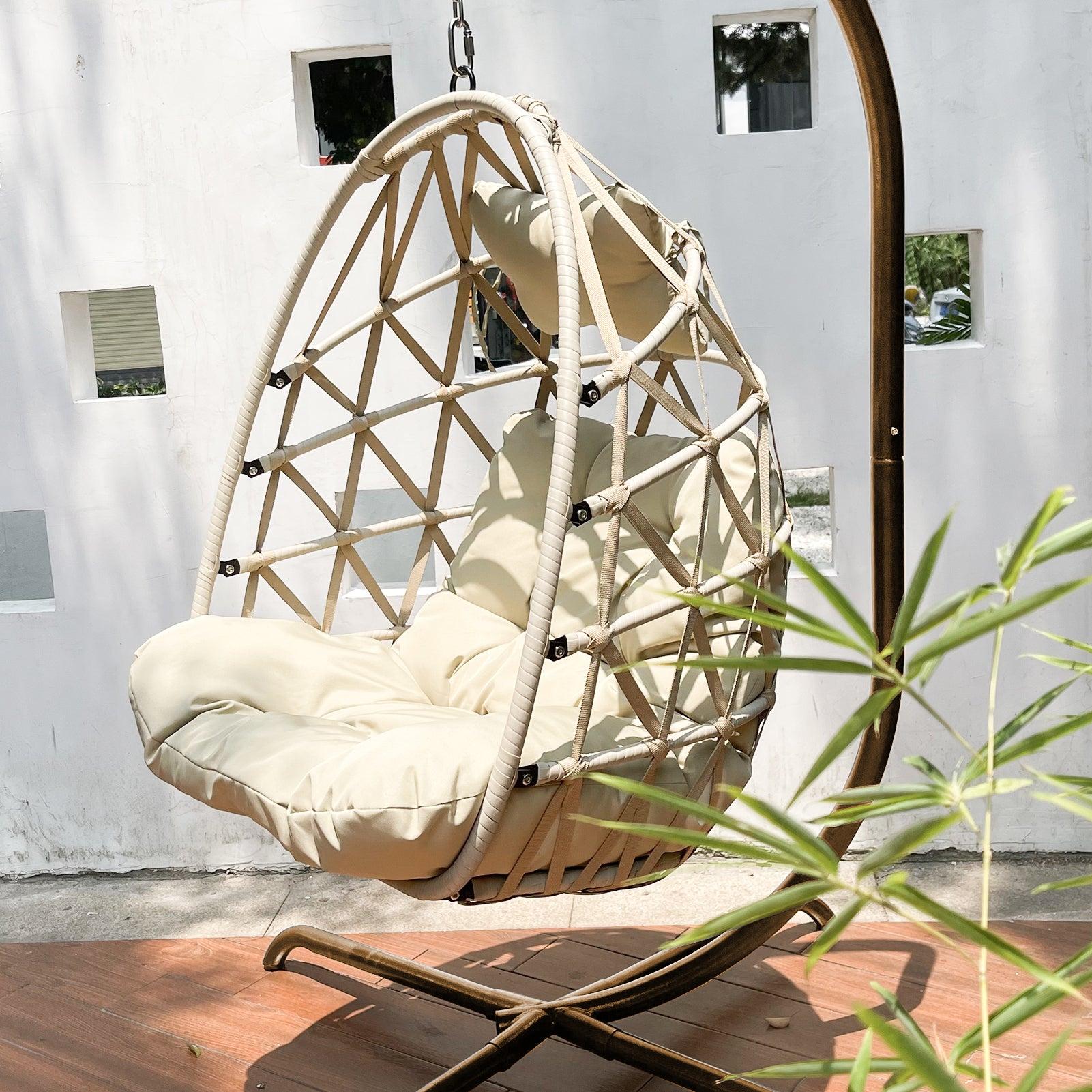 Swing Egg Chair with Stand Indoor Outdoor Wicker Rattan Patio Basket Hanging Chair with C Type bracket , with cushion and pillow,Patio Wicker folding Hanging Chair