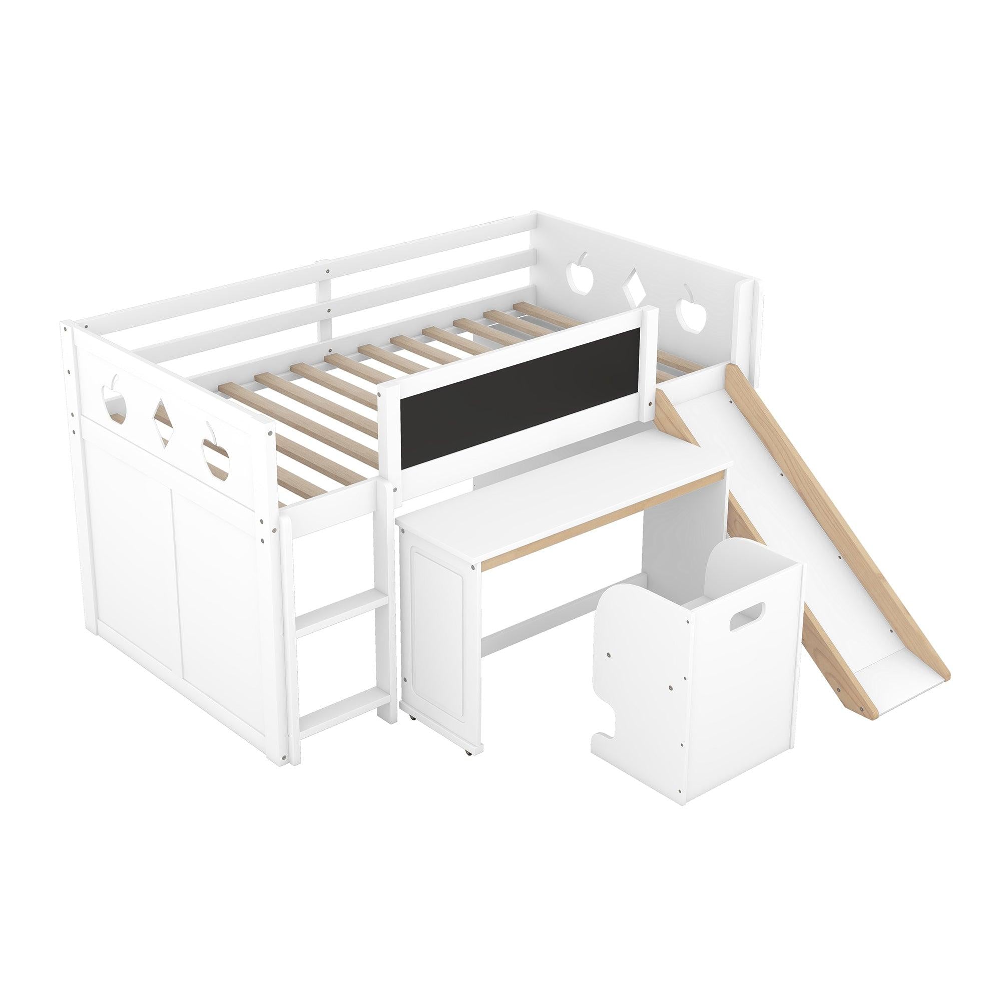 Wood Twin Size Loft Bed with Slide, Cabinets, Blackboard, Desk and Chair, White