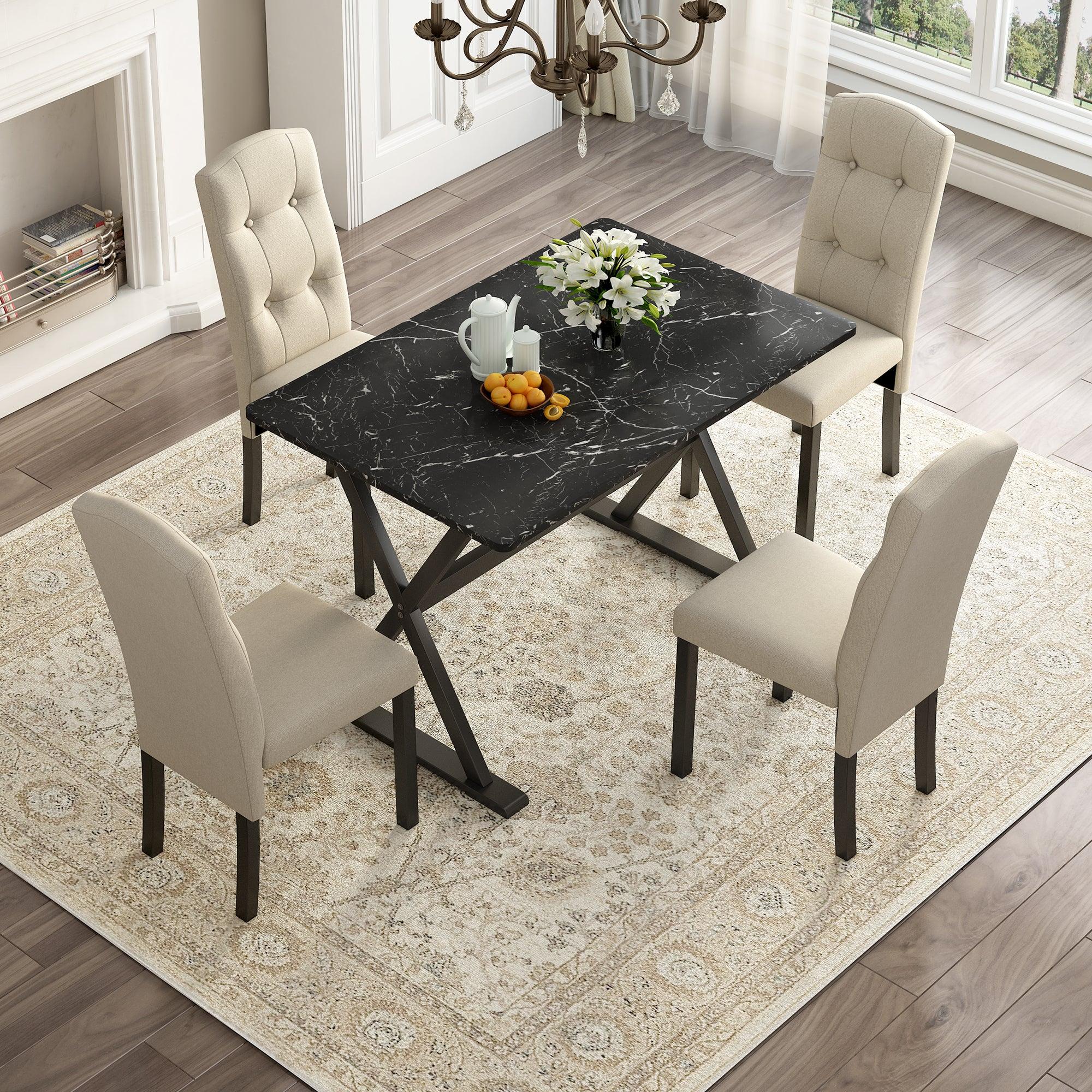 Solid Wood 5-Piece Dining Table Set with Faux Marble Tabletop and Upholstered Dining Chairs for 4, Faux Marble Black+Beige