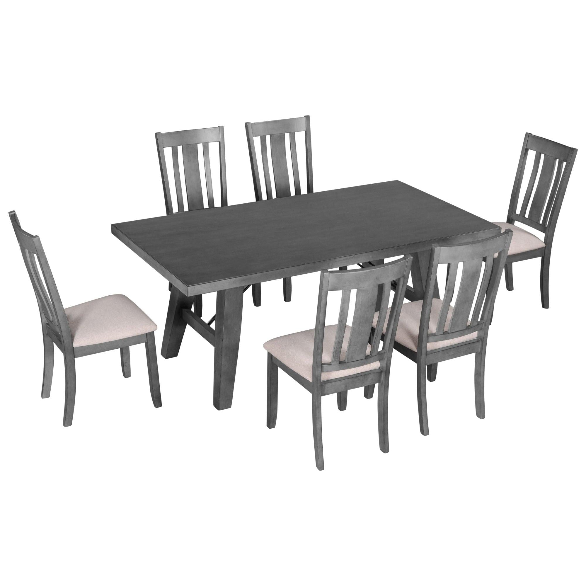 7-Piece Dining Room Set - 72" Industrial Style Rectangular Table with Chain Bracket and 6 Dining Chairs (Gray)