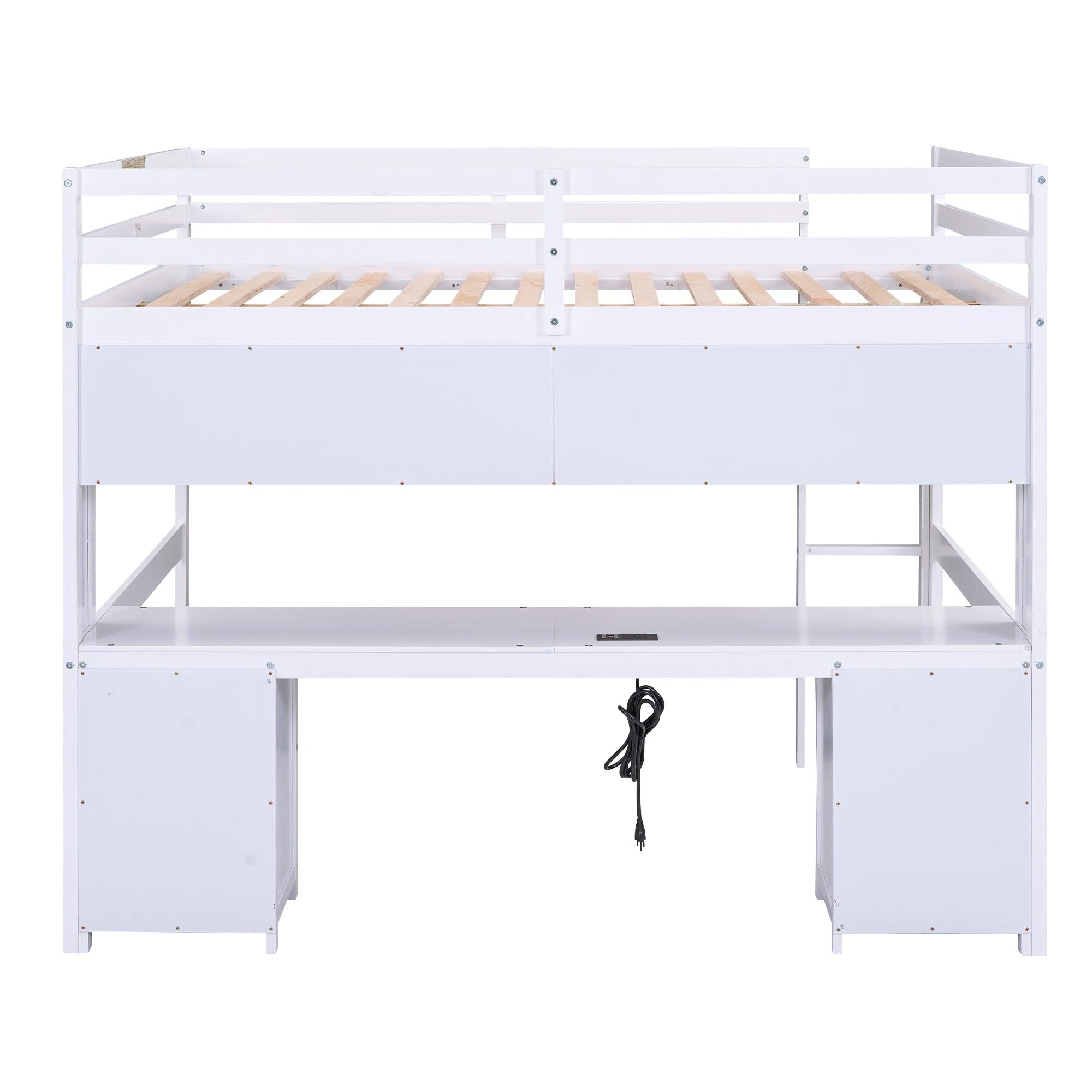 Full Size Loft Bed with Desk, Cabinets, Drawers and Bedside Tray, Charging Station, White