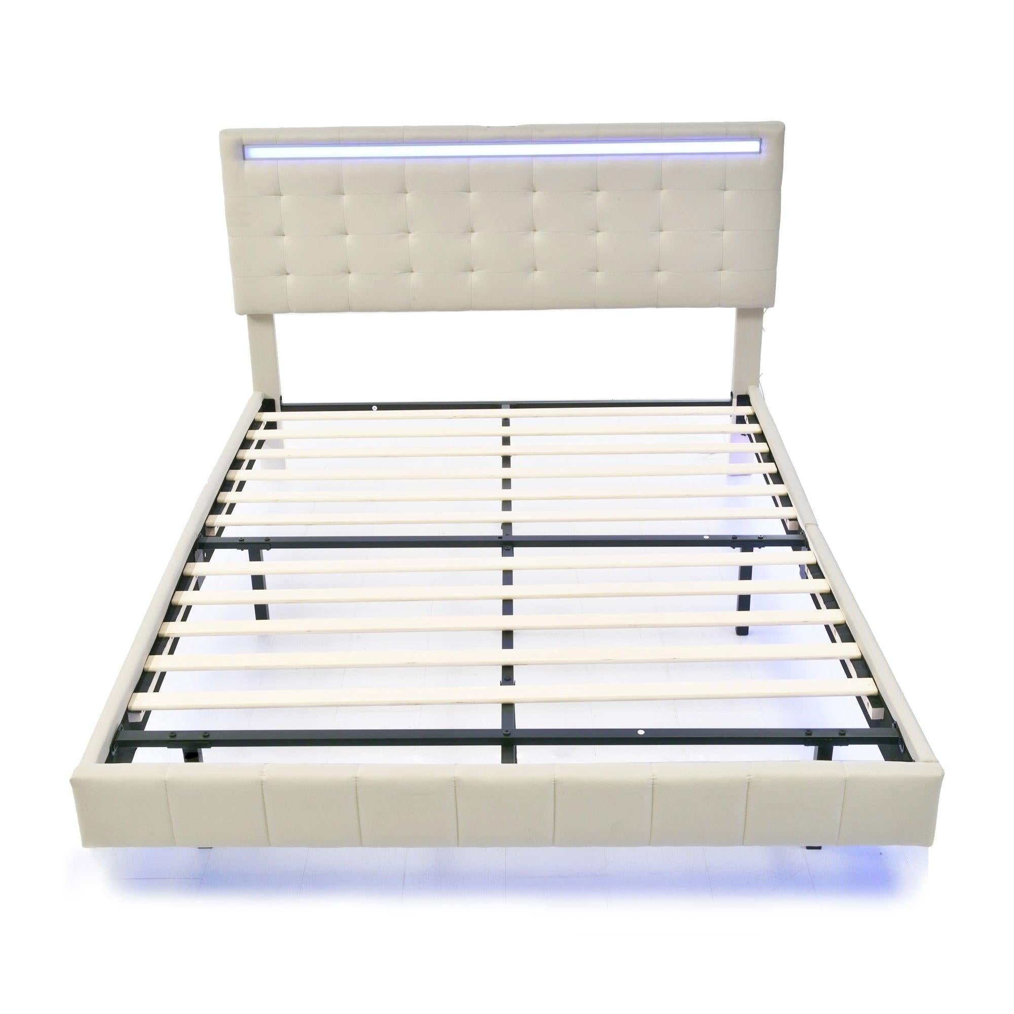 Queen Size Floating Bed Frame with LED Lights and USB Charging,Modern Upholstered Platform LED Bed Frame,Beige