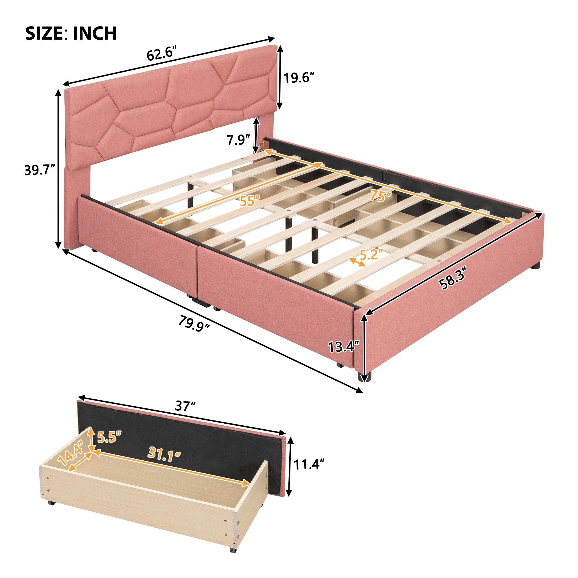 Full Size Upholstered Platform Bed with Brick Pattern Heardboard and 4 Drawers, Linen Fabric, Pink