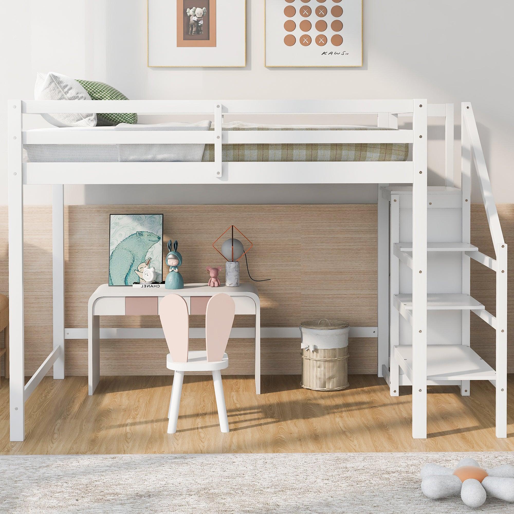 Full Size Loft Bed with Built-inStorage Wardrobe and Staircase,White