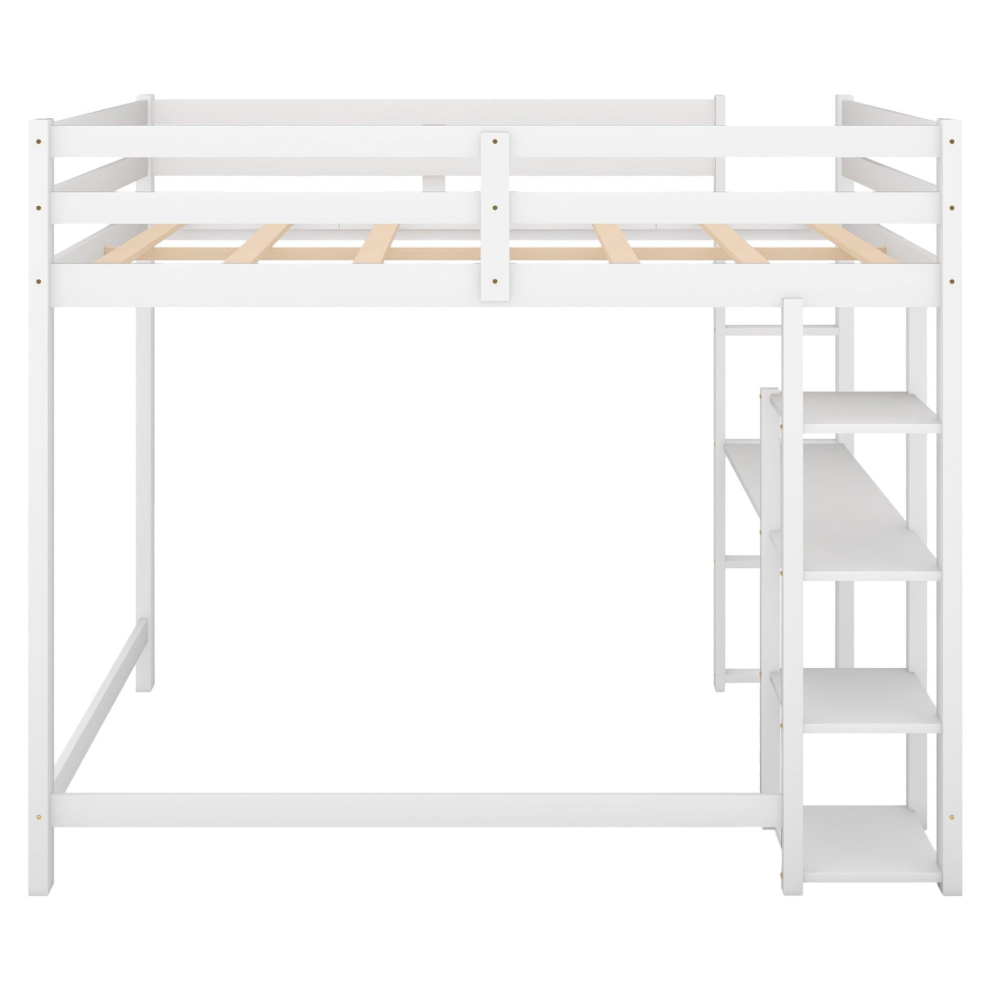 Full Size Loft Bed with Built-in Desk and Shelves,White