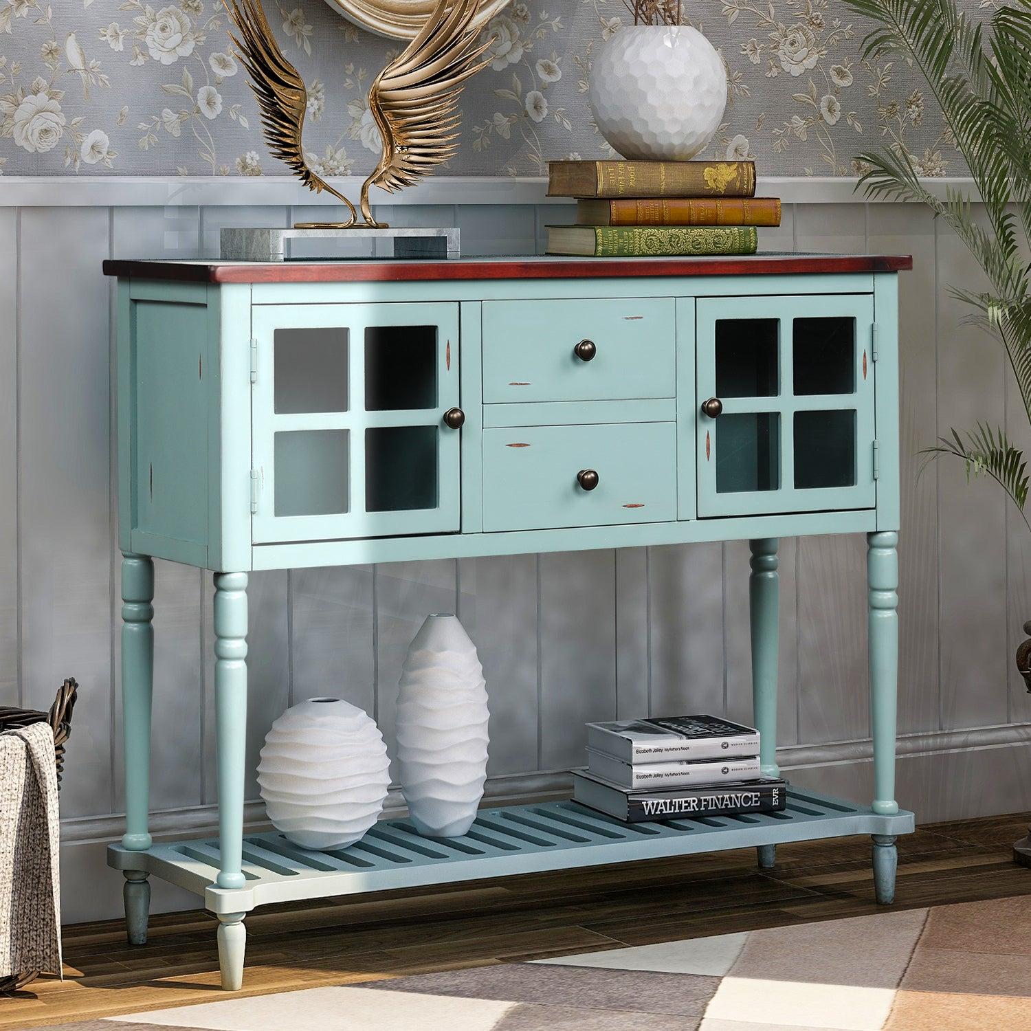 Sideboard Console Table with Bottom Shelf, Farmhouse Wood/Glass BuffetStorage Cabinet Living Room (Retro Blue)