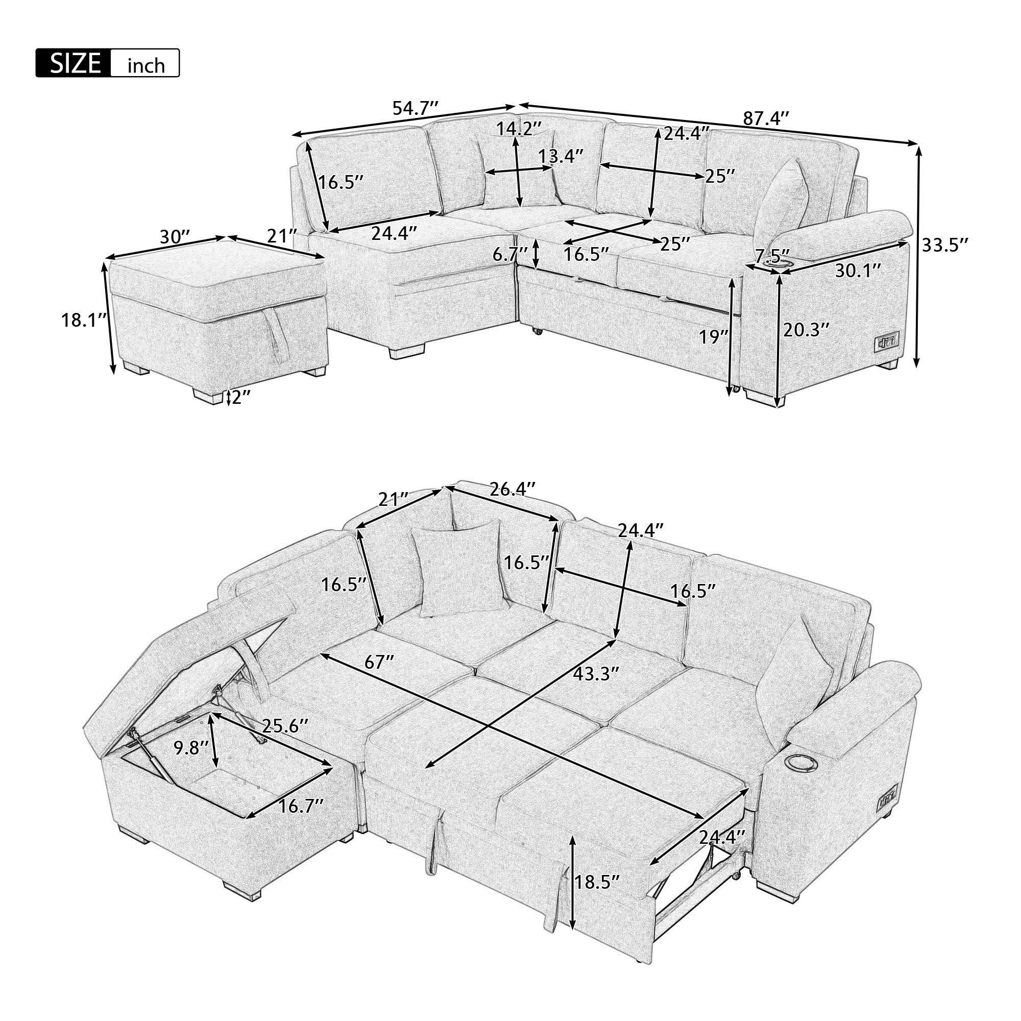 87.4" Sleeper Sofa Bed,2 in 1 Pull Out sofa bed L Shape Couch withStorage Ottoman for Living Room,Bedroom Couch and Small Apartment，Beige