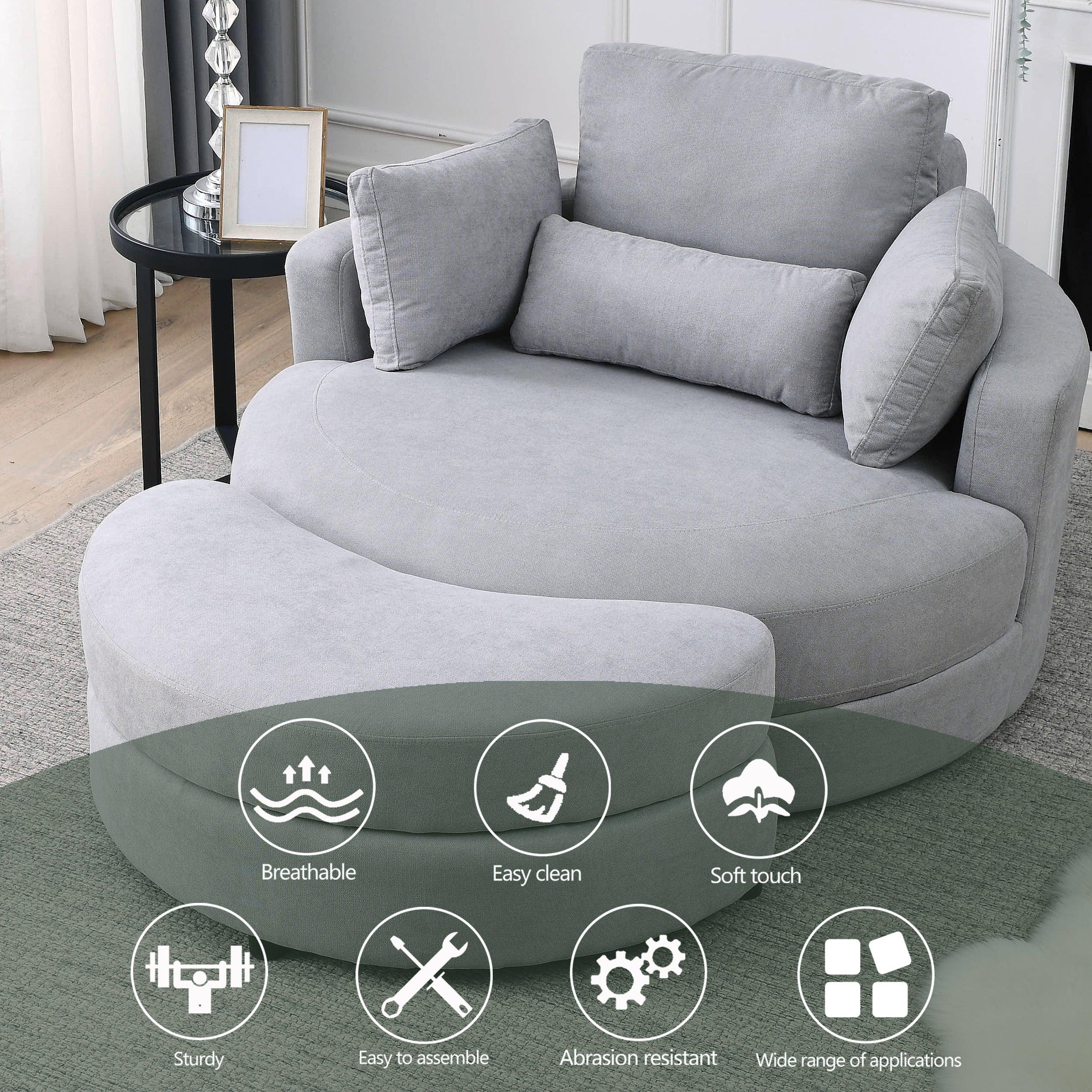 Swivel Accent BarrelModern Grey Sofa Lounge Club Big Round Chair withStorage Ottoman Linen Fabric for Living Room Hotel with Pillows