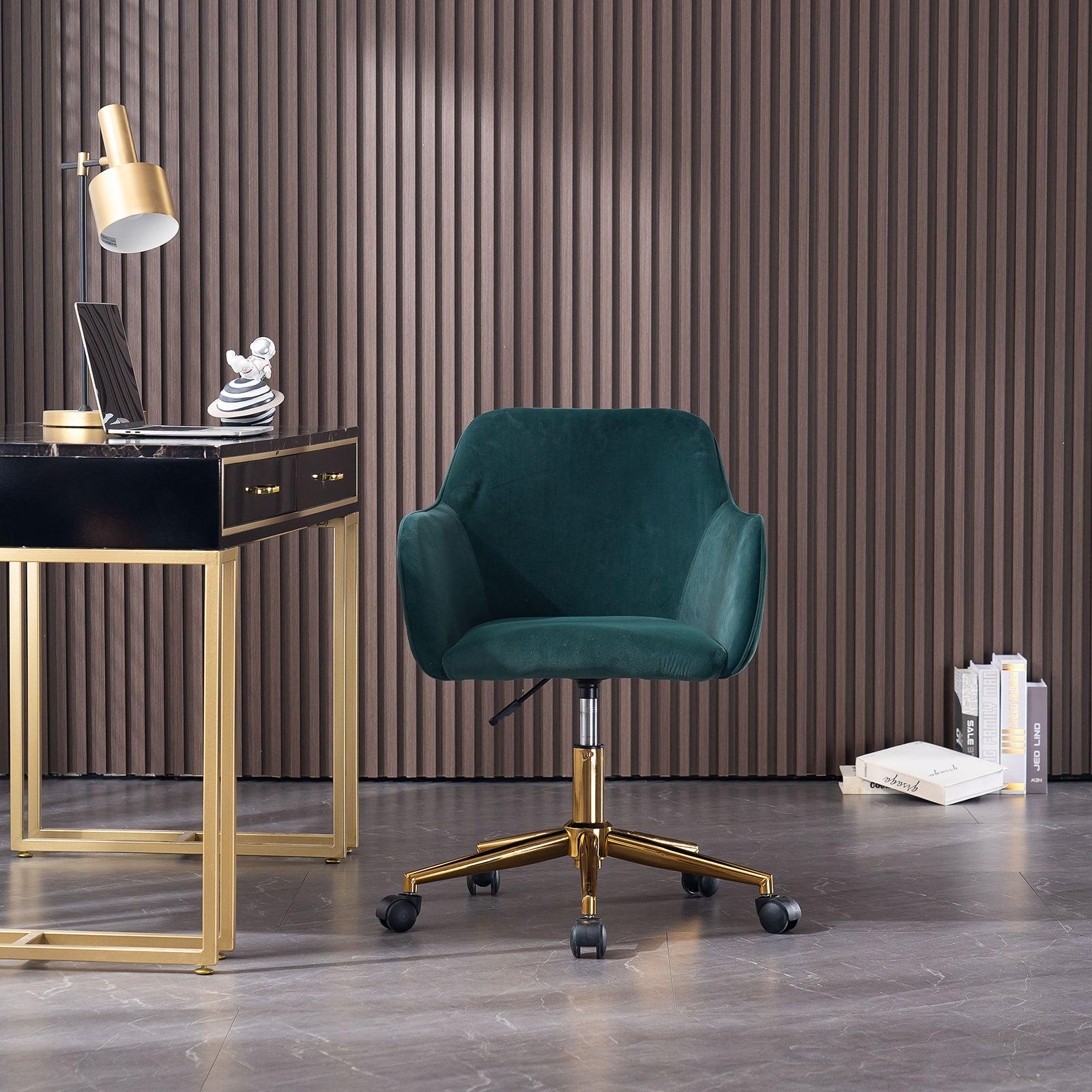 Modern Velvet Fabric Material Adjustable Height 360 revolving Home Office Chair with Gold Metal Legs and Universal Wheels for Indoor,Dark Green