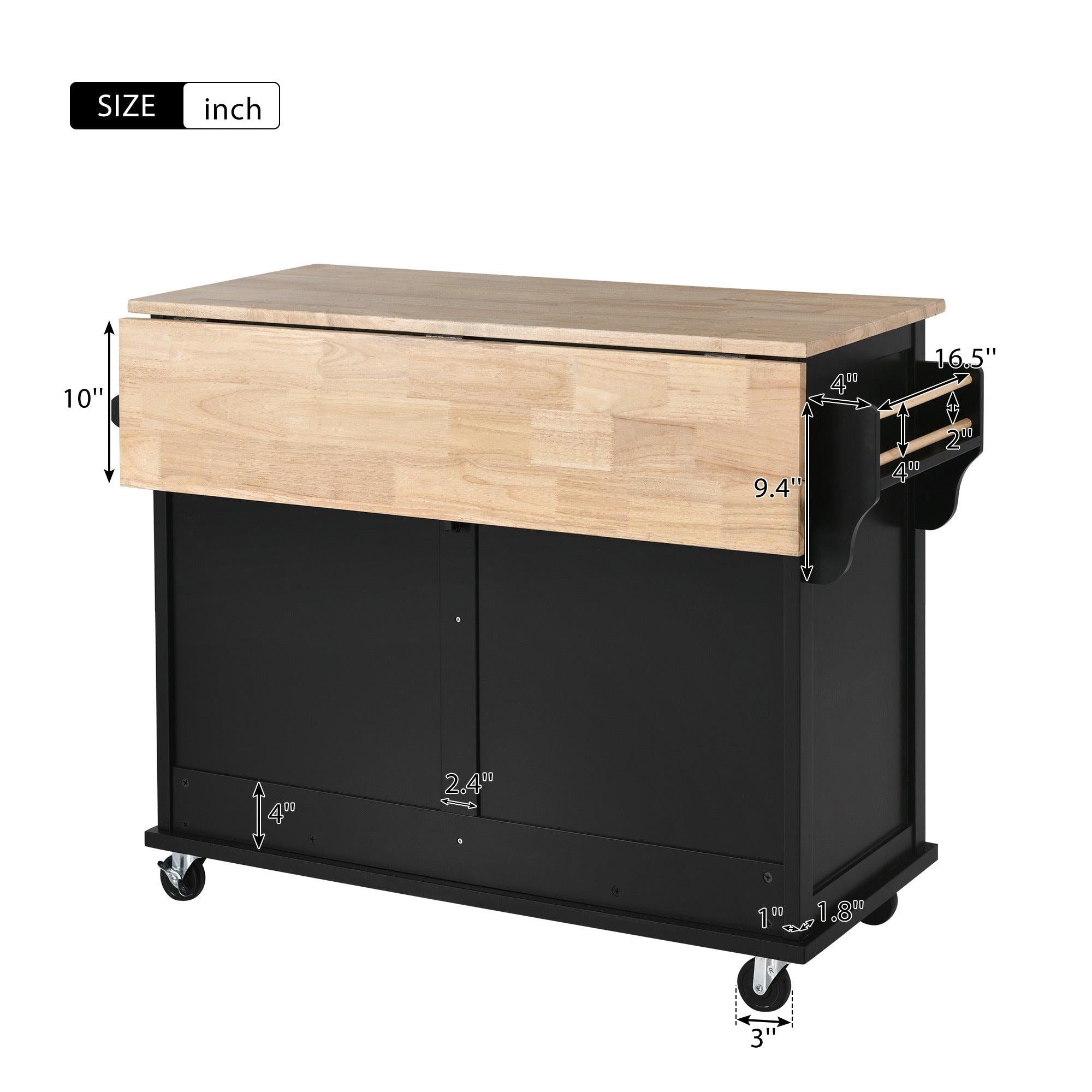 Kitchen Cart with Rubber wood Drop-Leaf Countertop, Concealed sliding barn door adjustable height,Kitchen Island on 4 Wheels withStorage Cabinet and 2 Drawers,L52.2xW30.5xH36.6 inch, Black