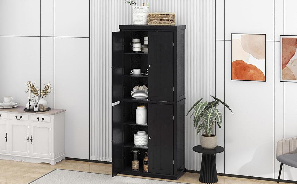 Freestanding Tall Kitchen Pantry, 72.4" Minimalist KitchenStorage Cabinet Organizer with 4 Doors and Adjustable Shelves, Black