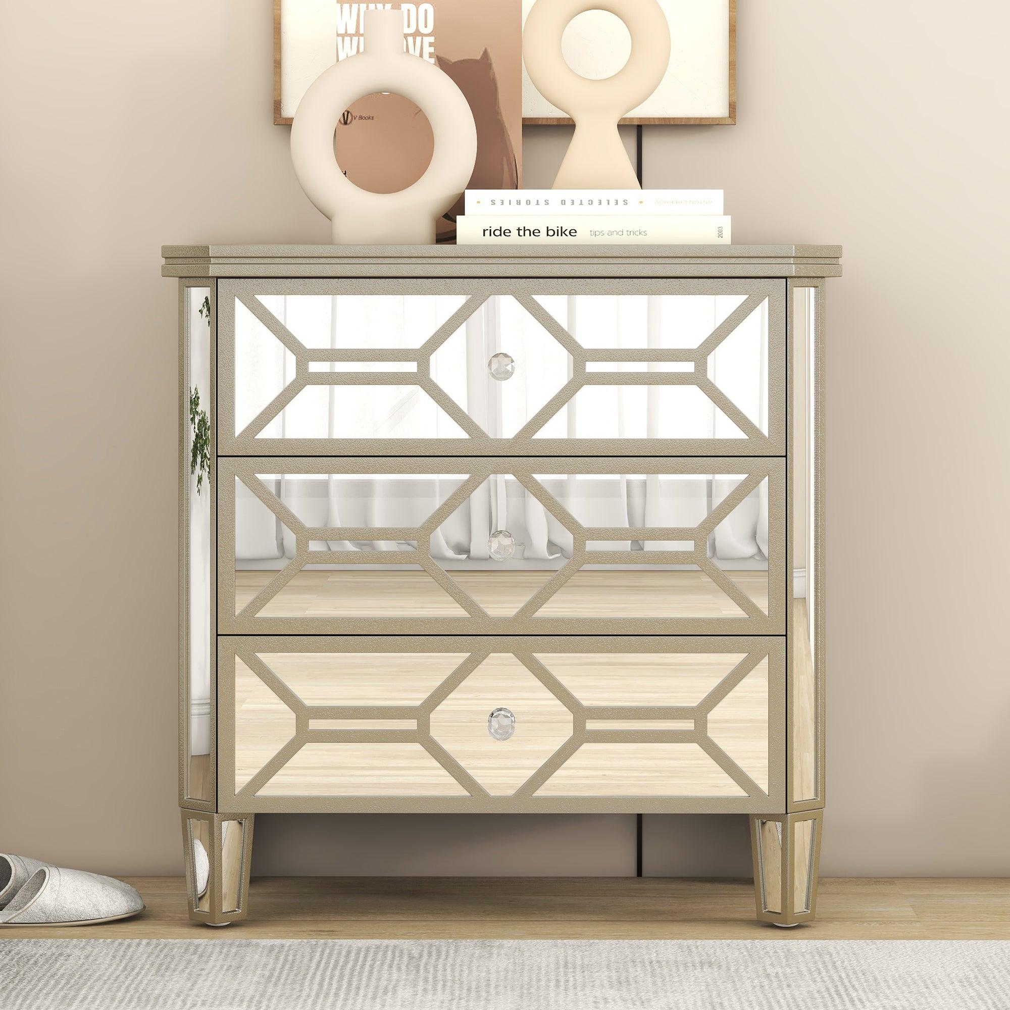 Elegant Mirrored 3-Drawer Chest with Golden LinesStorage Cabinet for Living Room, Hallway, Entryway