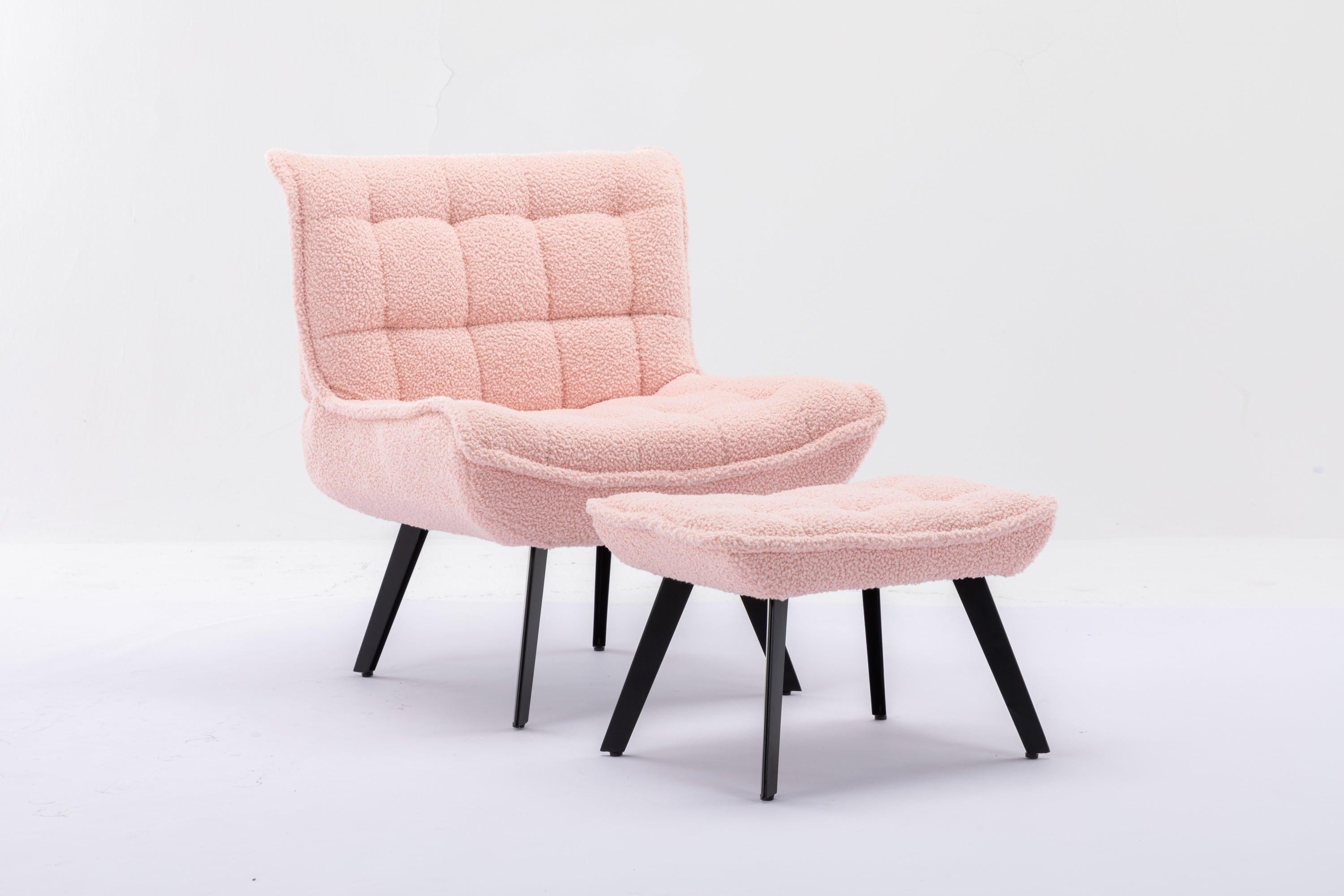 Modern Soft Teddy Fabric Material Large Width Accent Chair Leisure Chair Armchair TV Chair Bedroom Chair With Ottoman Black Legs For Indoor Home And Living Room,Pink