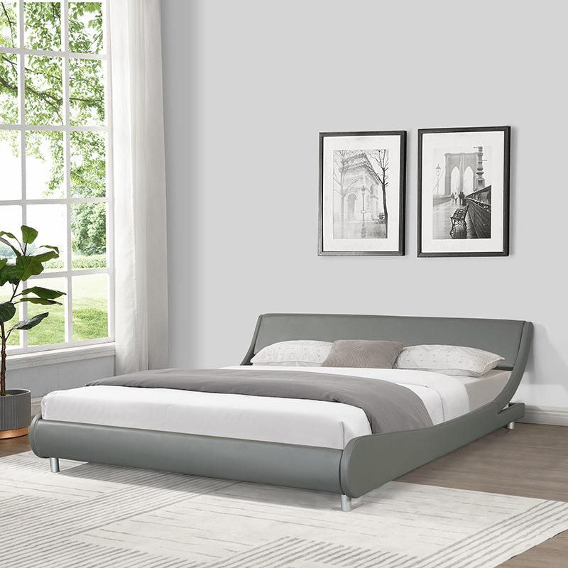 Faux Leather Upholstered Platform Bed Frame, Curve Design, Wood Slat Support, No Box Spring Needed, Easy Assemble, King Size, Gray