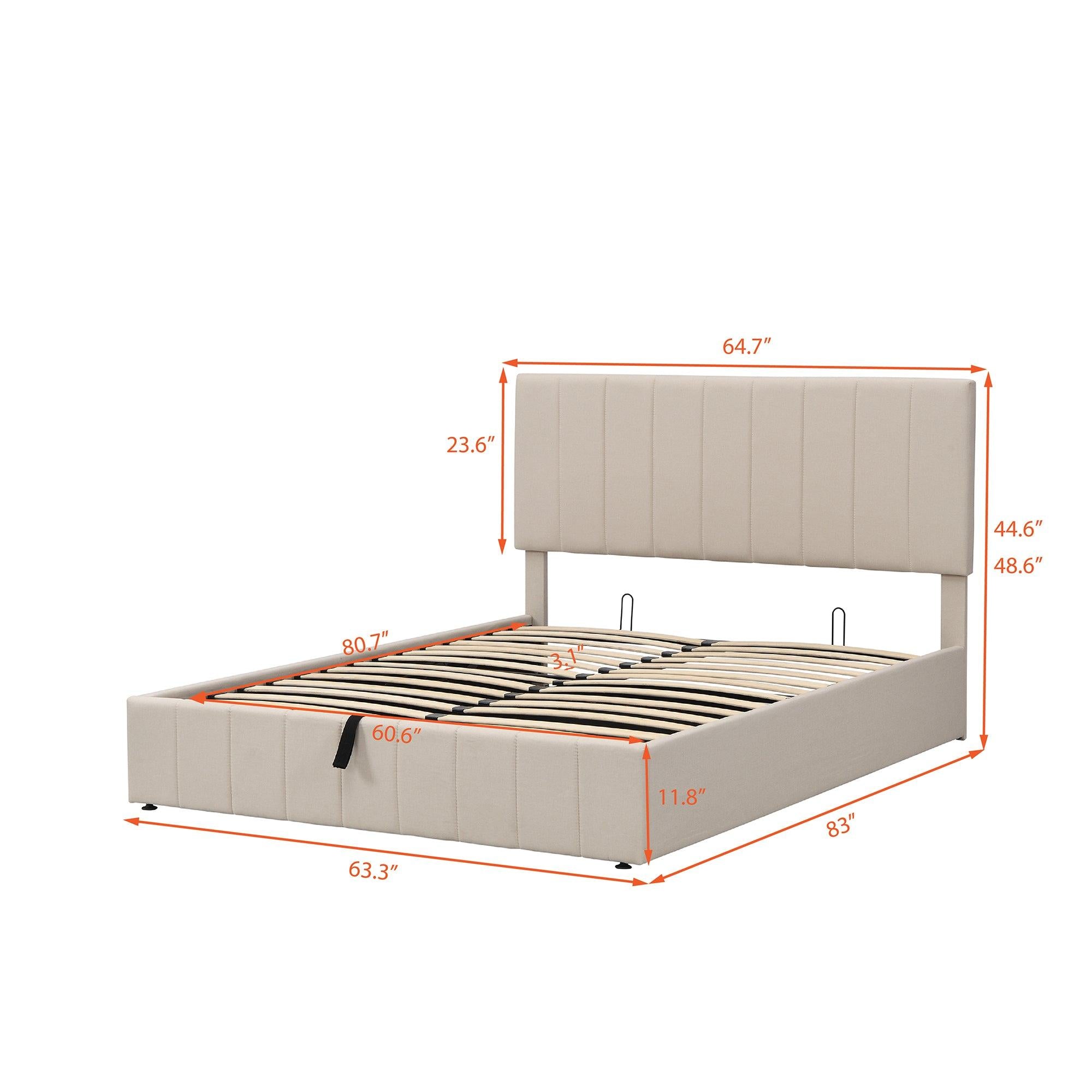 Queen size Upholstered Platform bed with a HydraulicStorage System - Beige