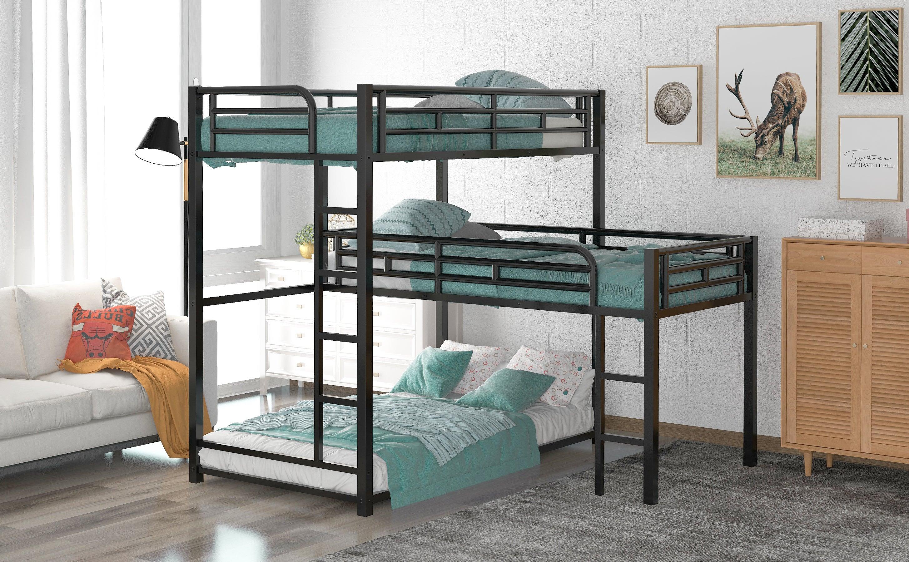 L-shaped Metal Triple Twin Size Bunk Bed, Black