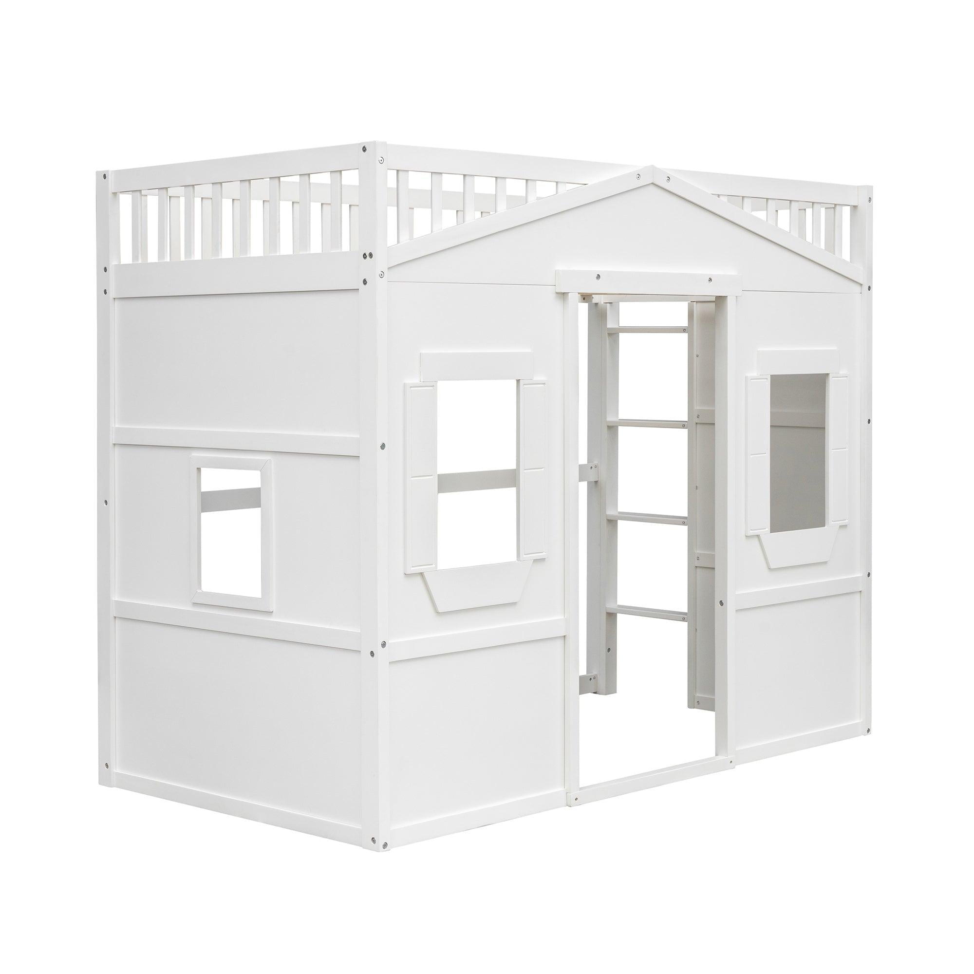 Twin Size House Loft Bed With Ladder-White