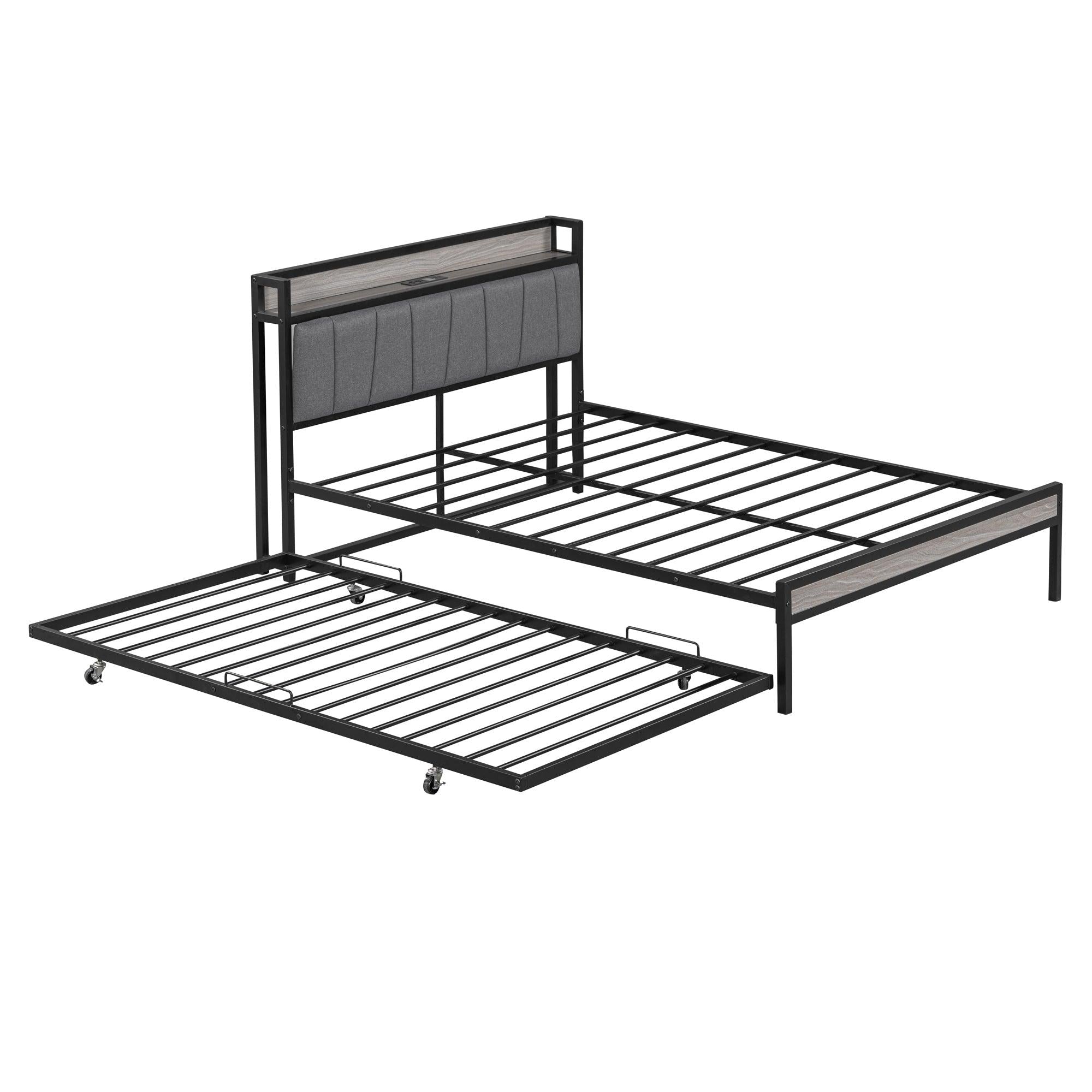 Full Size Metal Platform Bed Frame with Twin size trundle, Upholstered headboard ，Sockets, USB Ports and Slat Support ,No Box Spring Needed，Black