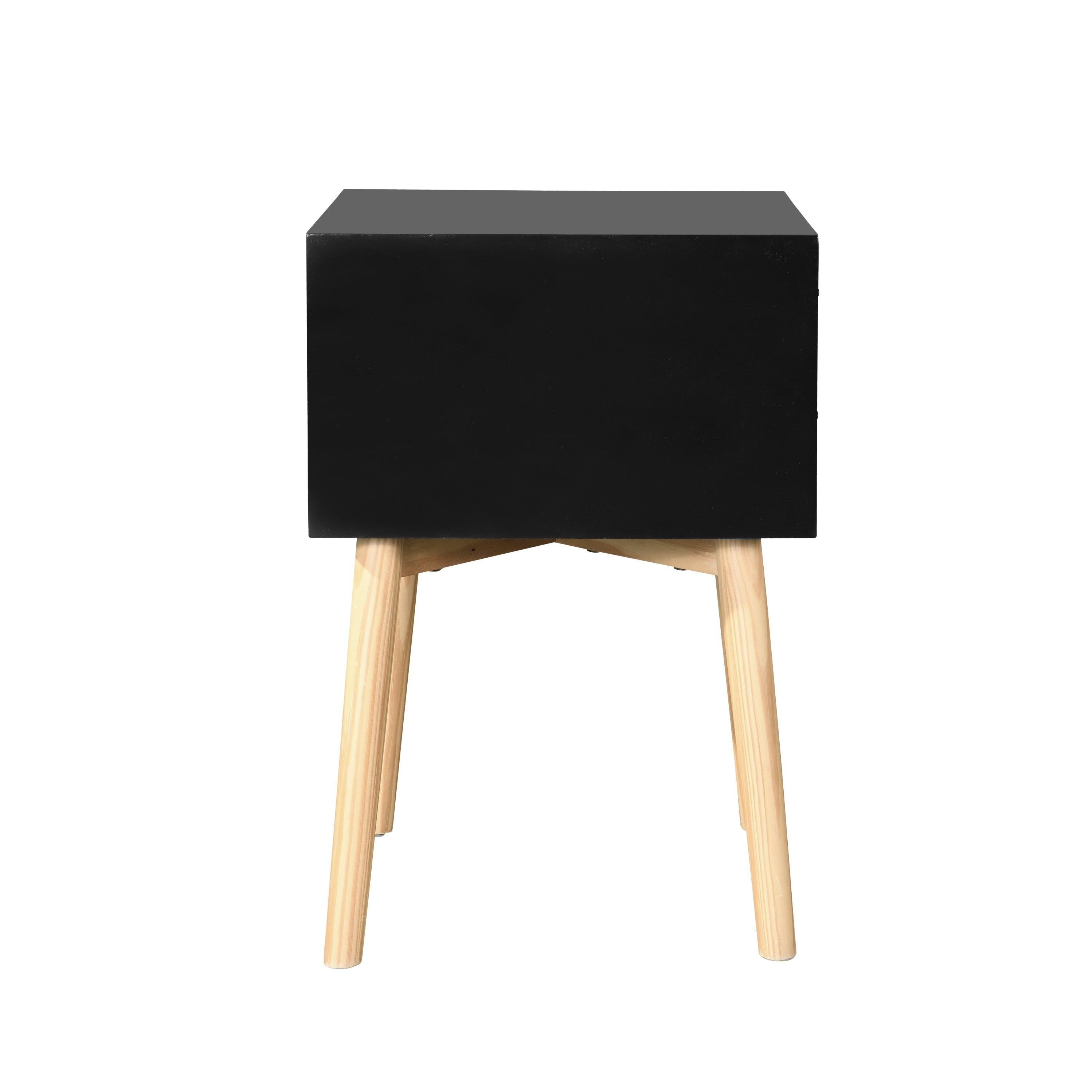 Side Table,Bedside Table with 2 Drawers and Rubber Wood Legs, Mid-CenturyModernStorage Cabinet for Bedroom Living Room, Black