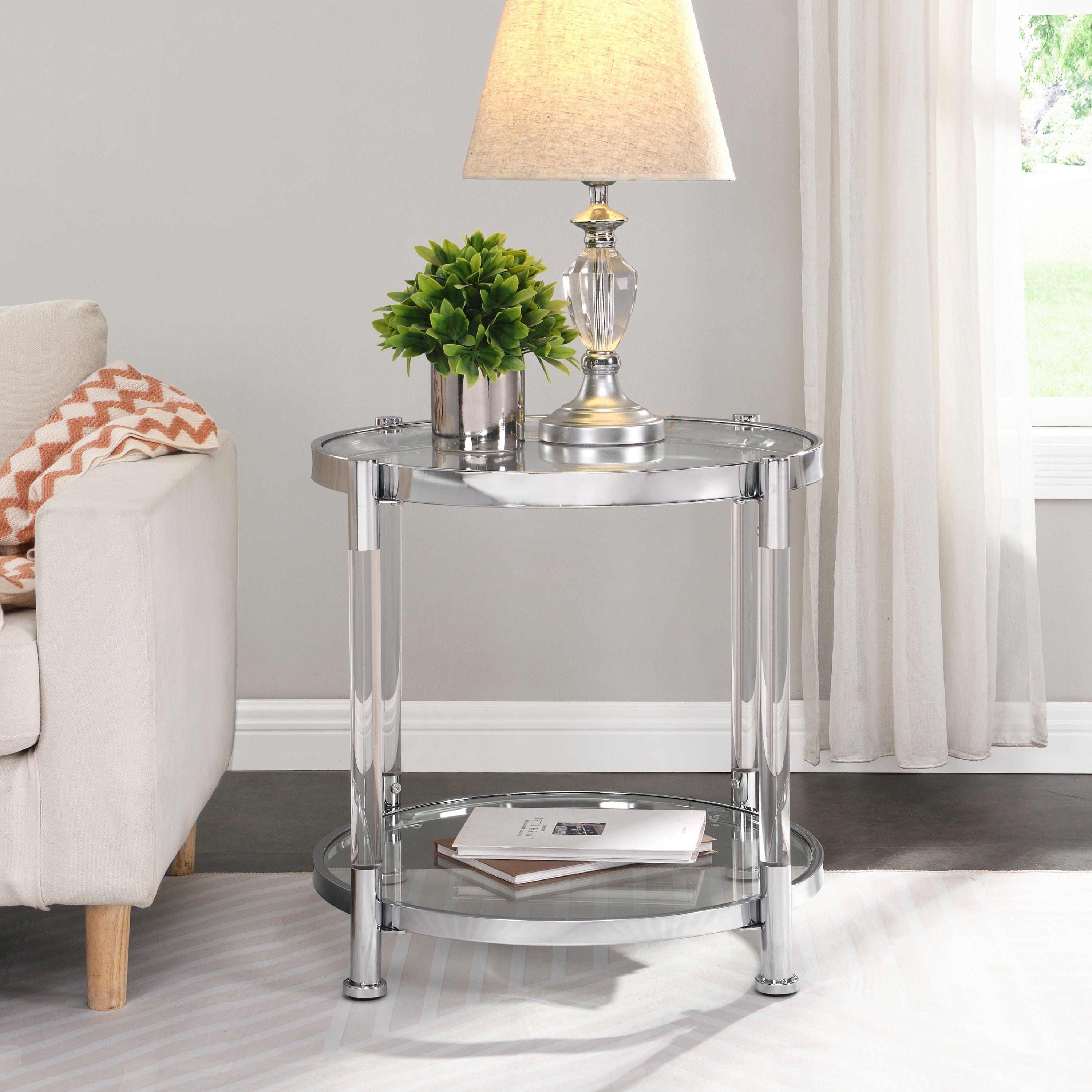 Contemporary Acrylic End Table, Side Table with Tempered Glass Top, Chrome/Silver End Table for Living Room&Bedroom