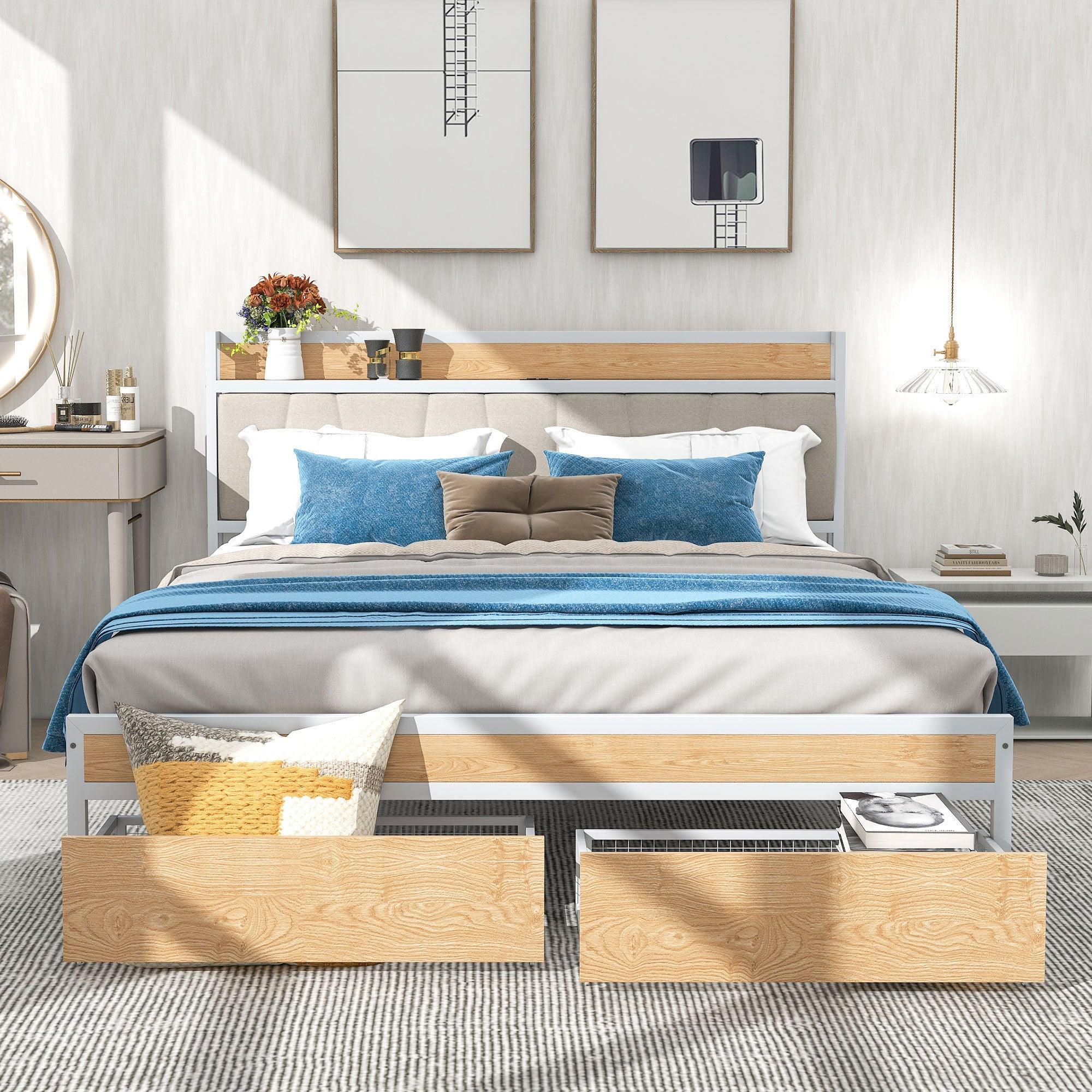 Queen Size Metal Platform Bed Frame with 2 drawers, Upholstered headboard ，Sockets, USB Ports and Slat Support ,No Box Spring Needed，White