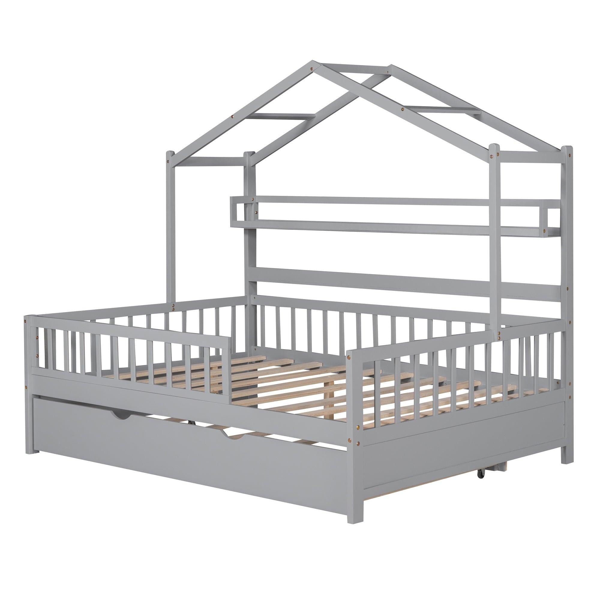 Wooden Full Size House Bed with Twin Size Trundle,Kids Bed with Shelf, Gray