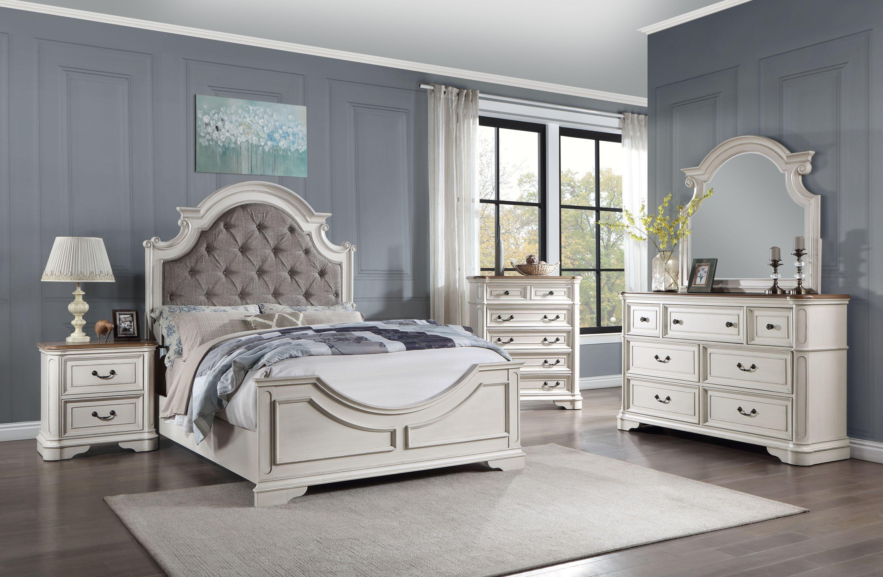 ACME Florian Queen Bed in Gray Fabric & Antique White Finish BD01648Q image